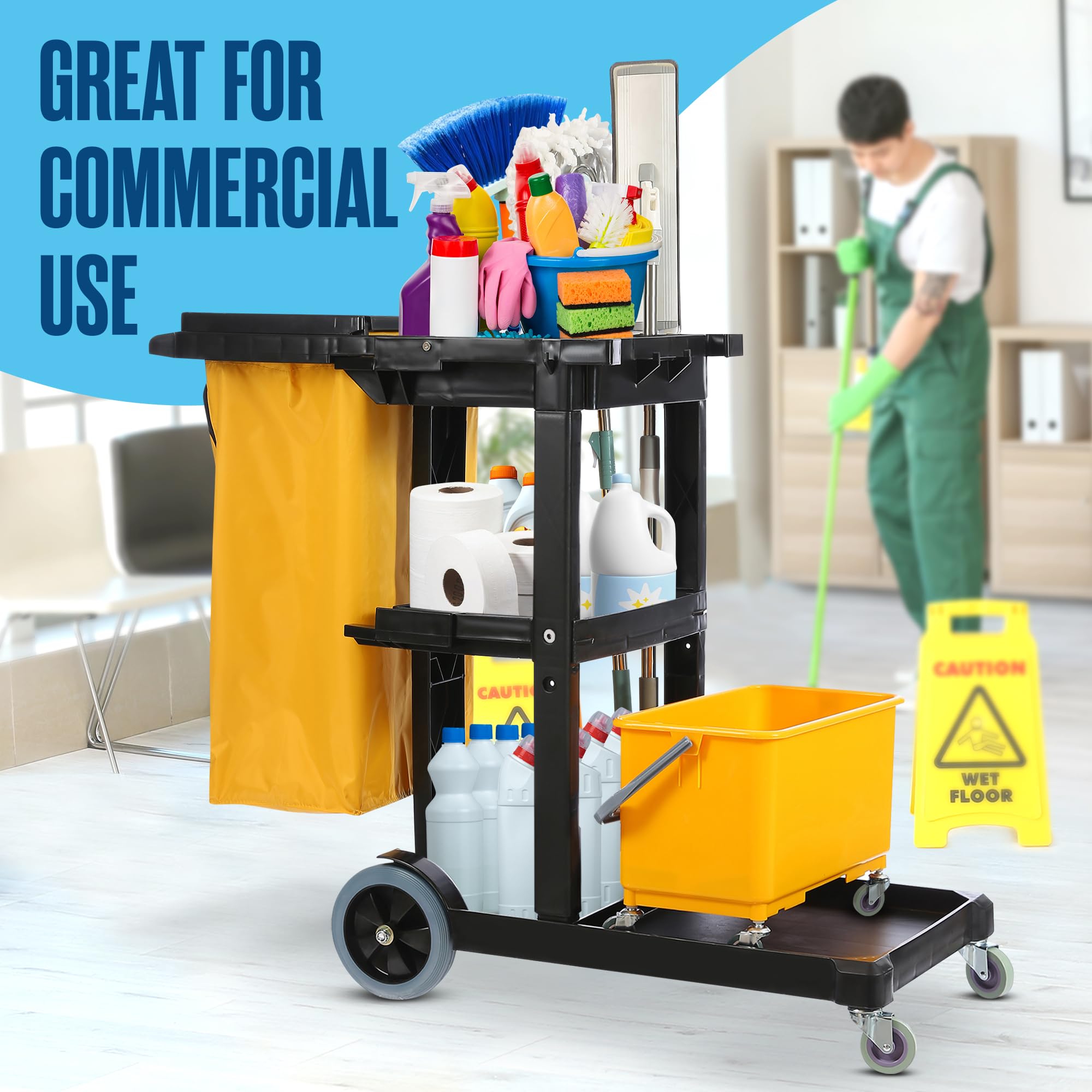 **Heavy-Duty Commercial Cleaning Cart with Wheels - 440 LB Capacity for Janitorial, Housekeeping & Maintenance Supplies - Ideal for Hotels, Schools & Offices**