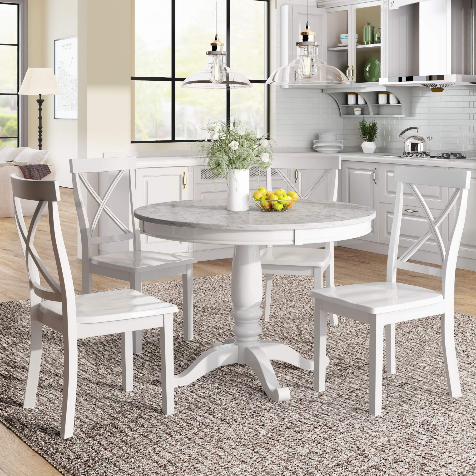 Vintage 5-Piece Round Dining Table Set for 4 with Wooden Chairs & Marble Finish - Perfect for Home, Restaurant, Bistro & Outdoor Patio Use