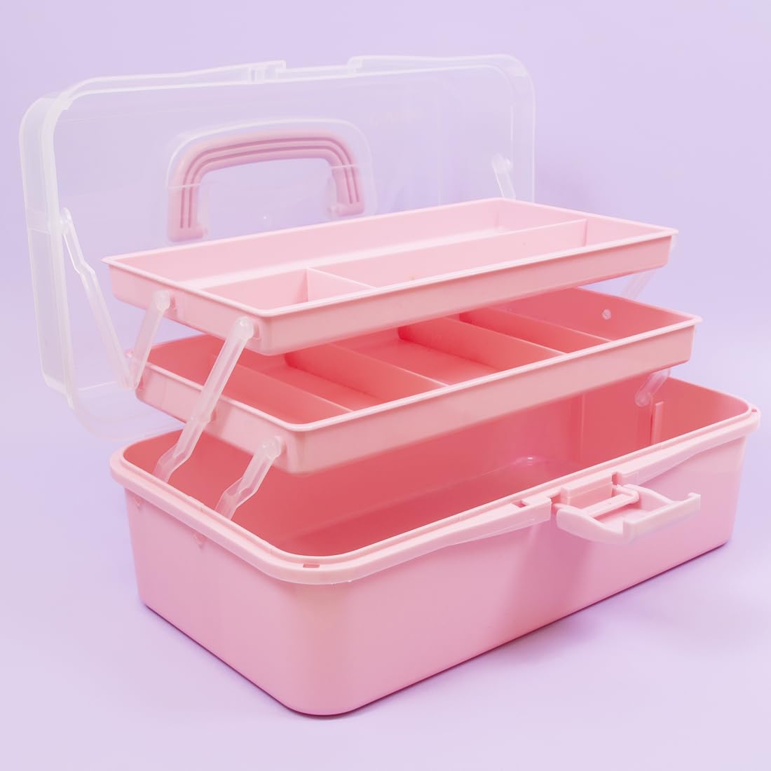 Craftelier Portable Craft Box Organizer with Handle & 3 Trays - Pink Art Supply Storage Case for Scrapbooking, Beading, Sewing - 12.8