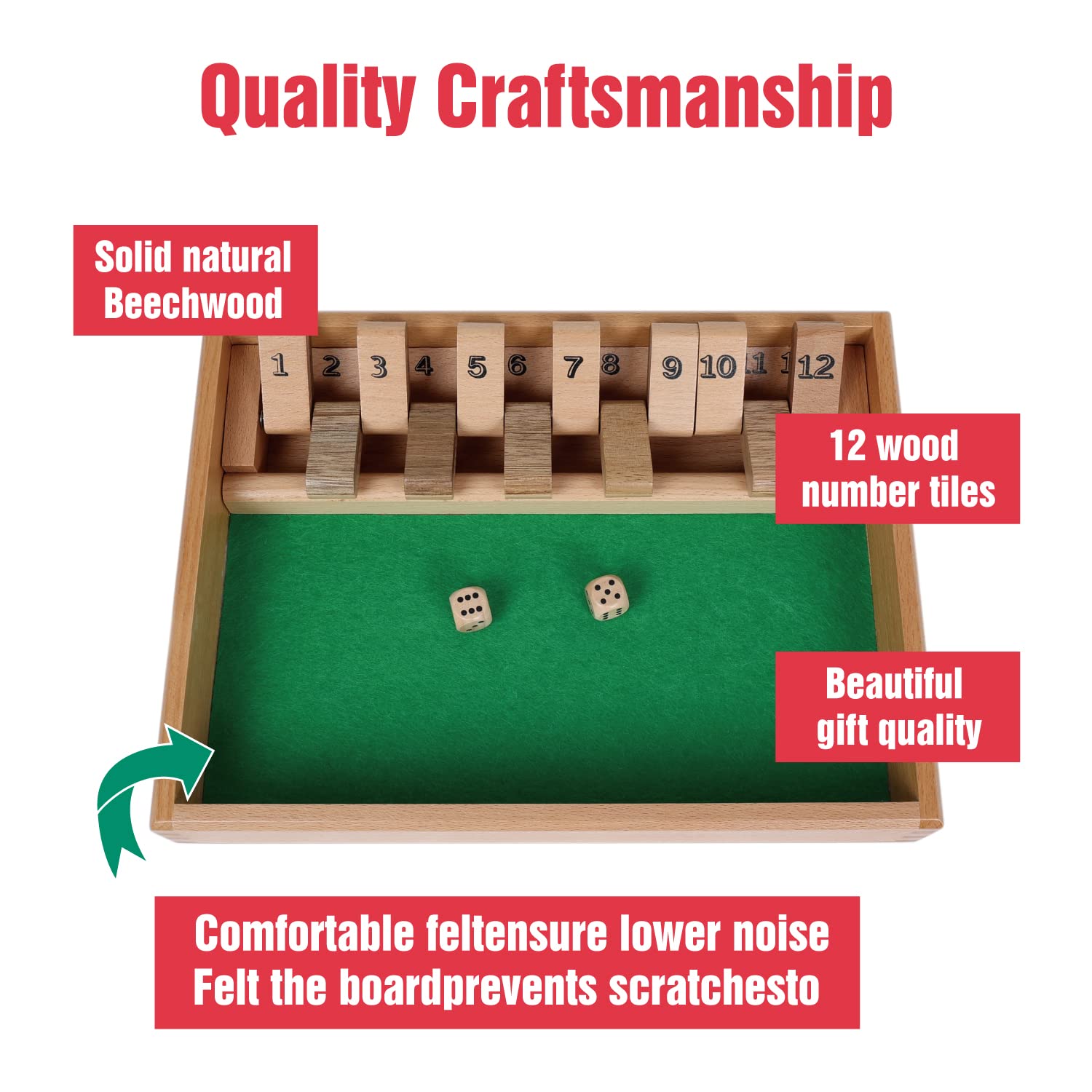 GOTHINK Shut The Box Wooden Board Dice Game - 12 Number Classic Math Tabletop Game with 2 Dice for Kids & Adults | Fun Family Game Night, Classroom Learning, Pub Entertainment & Home Party Activity