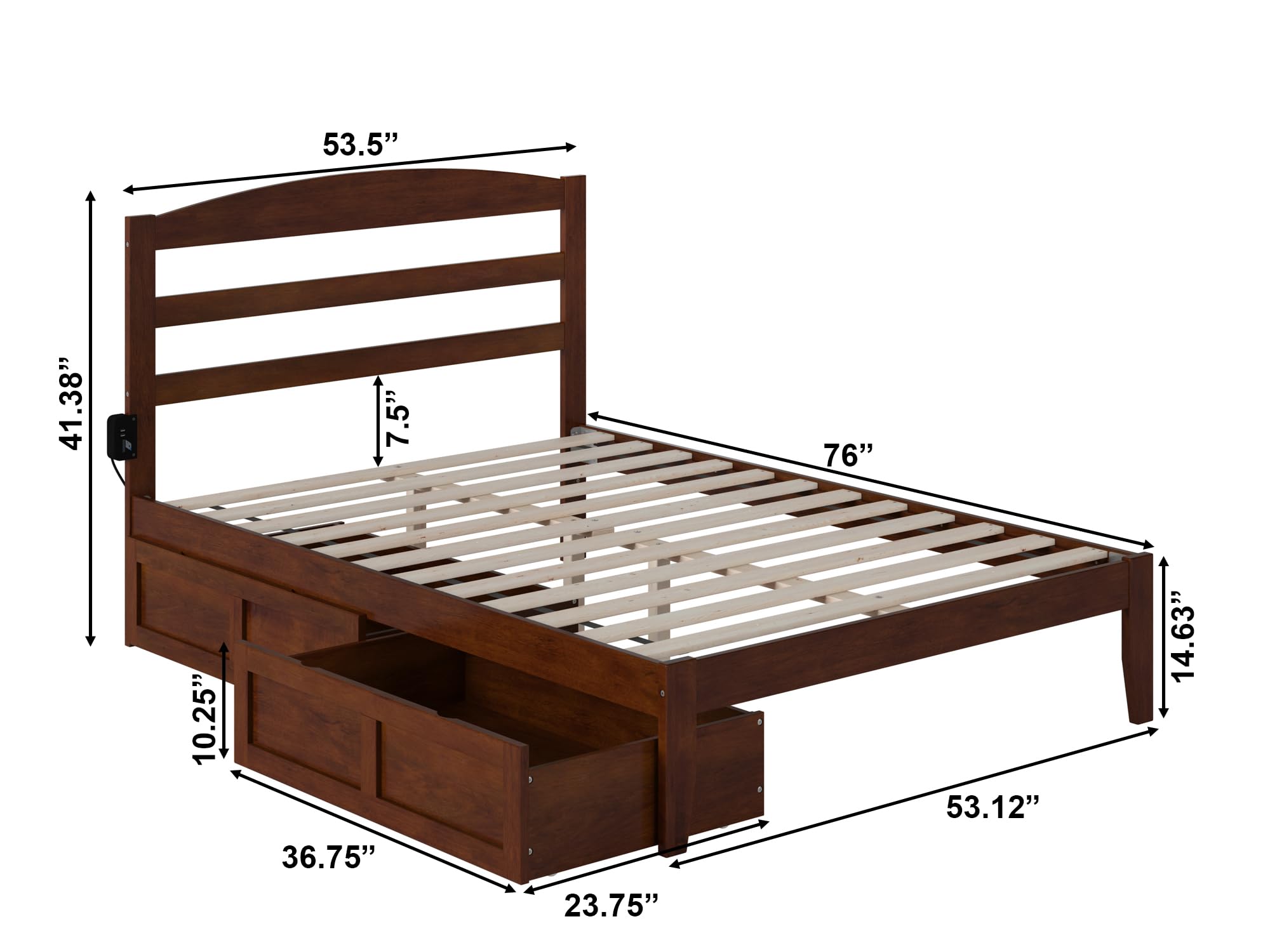 AFI Warren Full Platform Bed with Storage Drawers (Set of 2) and USB Charging Ports, Walnut Finish - Modern Bedroom Furniture for Small Spaces with Underbed Storage and Device Charging