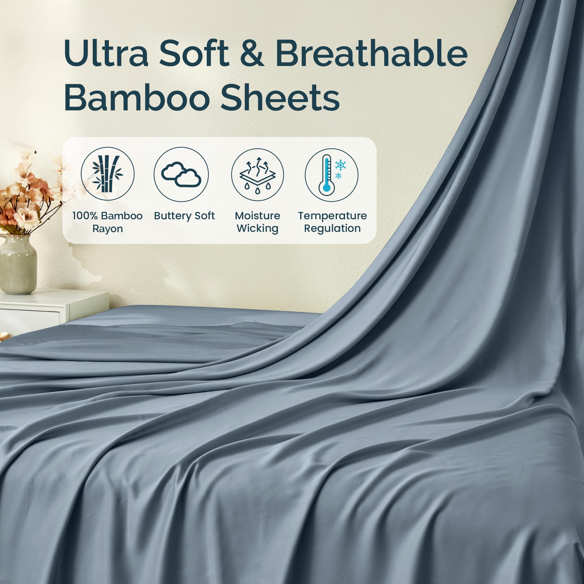 GOKOTTA 100% Bamboo Rayon Bed Sheets Set - Queen Size 4 PCS, Breathable & Soft with Elastic Corner Straps, Blue - Perfect for Hot Sleepers & Eco-Friendly Home Decor