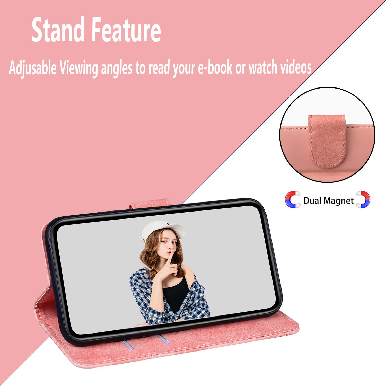 Premium Butterfly Design Flip Kickstand Magnetic Buckle Wallet Case for Oppo A33/A53 - Soft Touch Pink Cover with Card Slots | Perfect for Work, Travel & Daily Protection