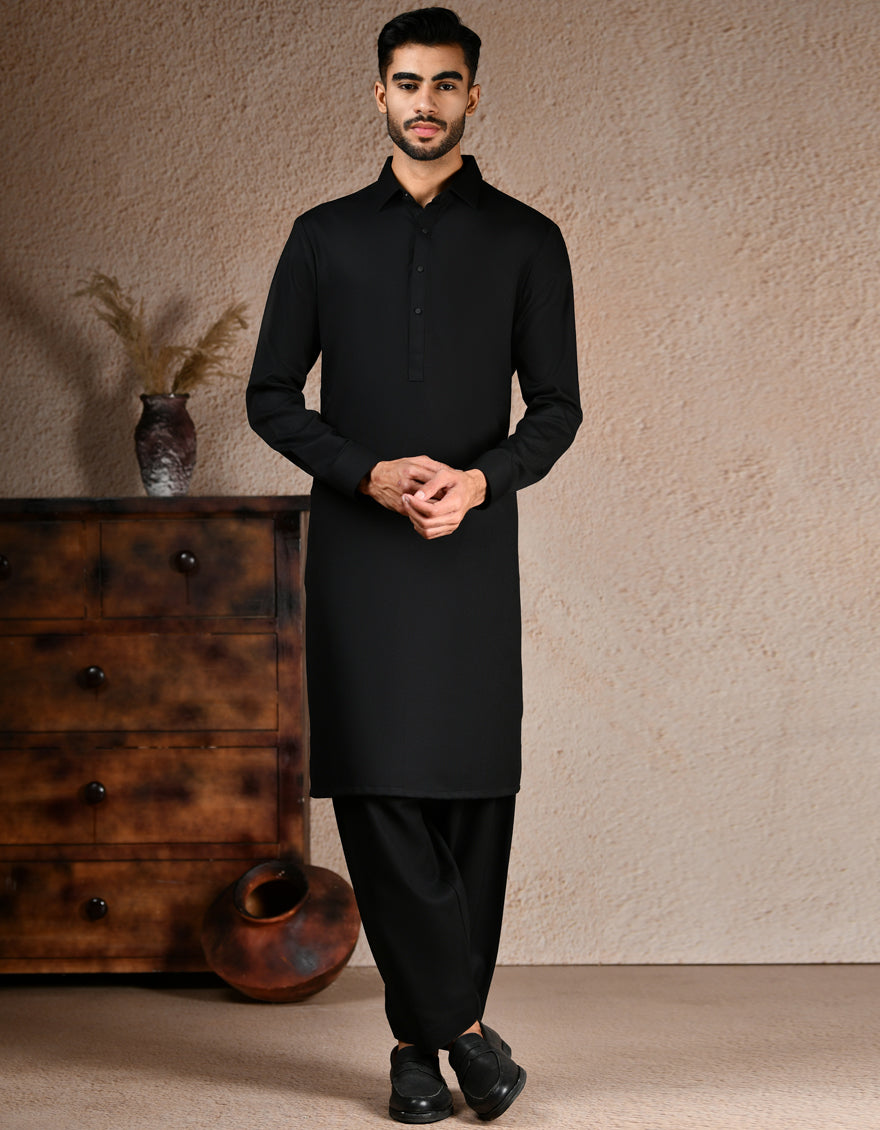 Premium Blended Black Shalwar Kameez by J. Junaid Jamshed - Elegant Pakistani Traditional Outfit for Men - Perfect for Weddings, Eid & Special Occasions