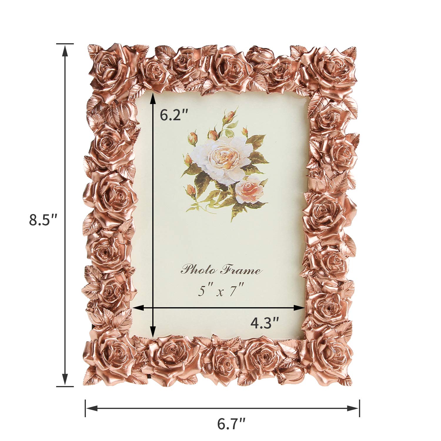 5x7 Inch Rose Gold Resin Picture Frame with Rose Flower Design & HD Plexiglass - Elegant Tabletop Photo Display for Home, Office, Wedding Decor & Gift Giving