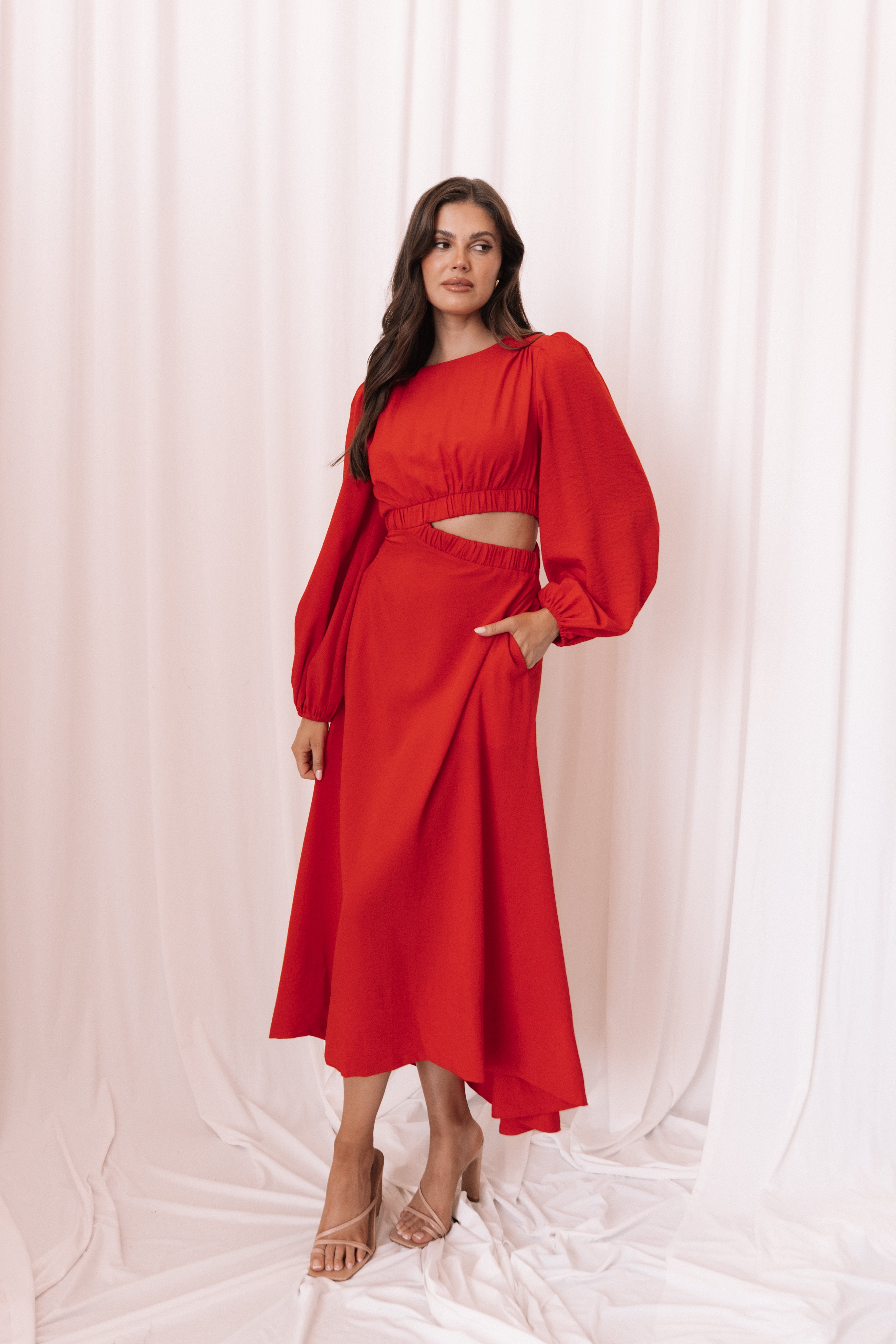 Ginnee Women's Red Puff Sleeve Cutout Midi Dress - Elegant Party & Cocktail Attire for Weddings, Date Nights & Special Occasions