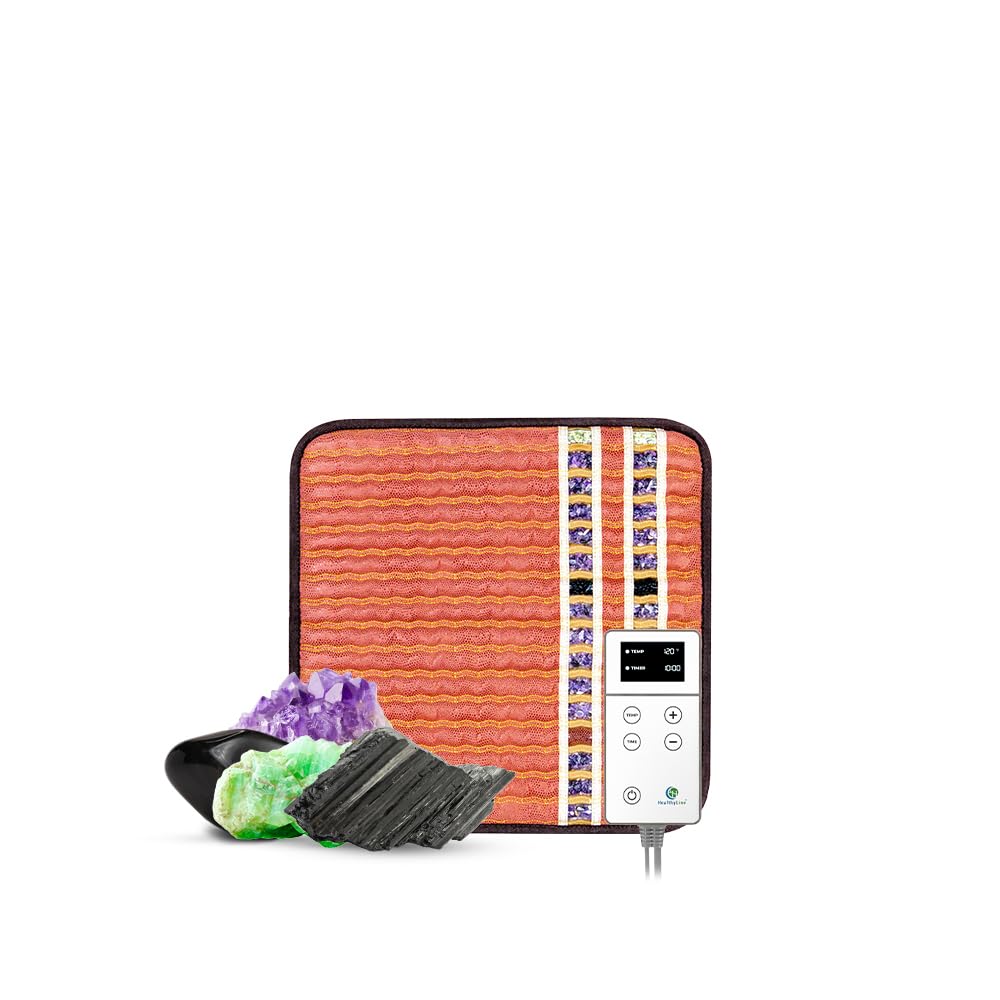 HealthyLine Small Far Infrared Electric Heating Pad for Pain Relief - Tourmaline, Amethyst & Obsidian Gemstone Therapy with Negative Ions - Auto Shut Off - 18