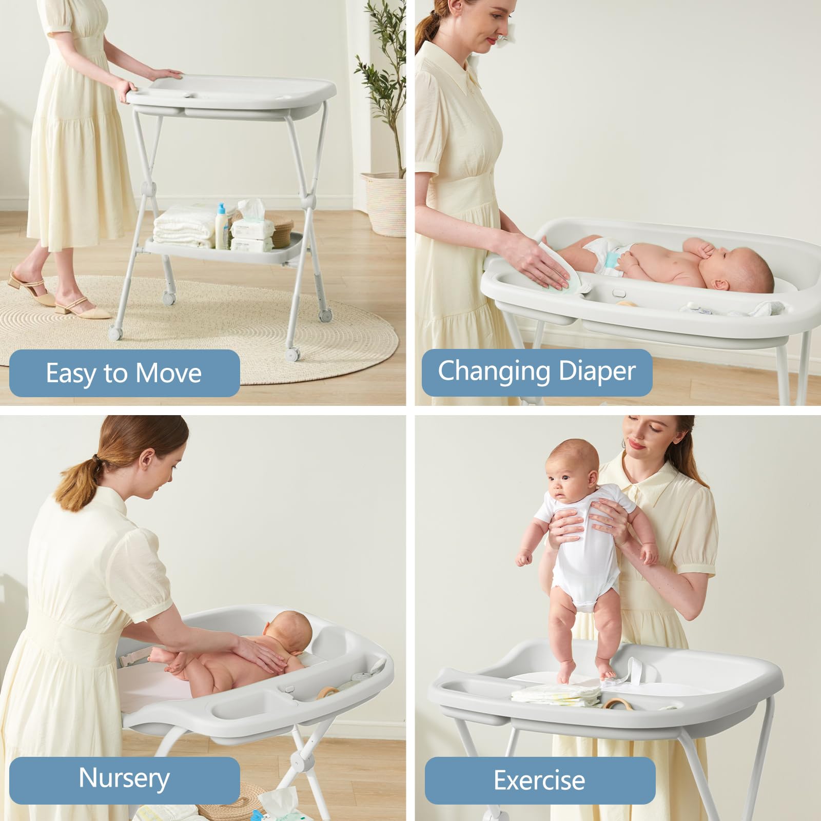 Foldable Adjustable Height Baby Changing Table with Wheels - Includes Changing Pad & Storage Rack - Perfect for Newborns & Infants (Light Grey) | Ideal for Nursery, Bedroom & Daycare Use