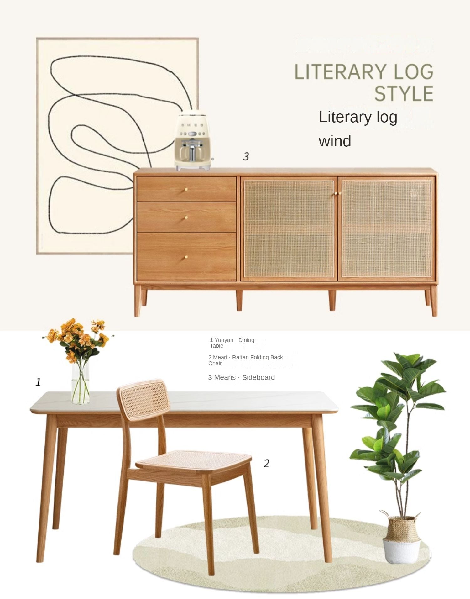 Oak Solid Wood Rattan Modern Sideboard Buffet Cabinet - Stylish Storage for Dining Room, Living Room & Entryway