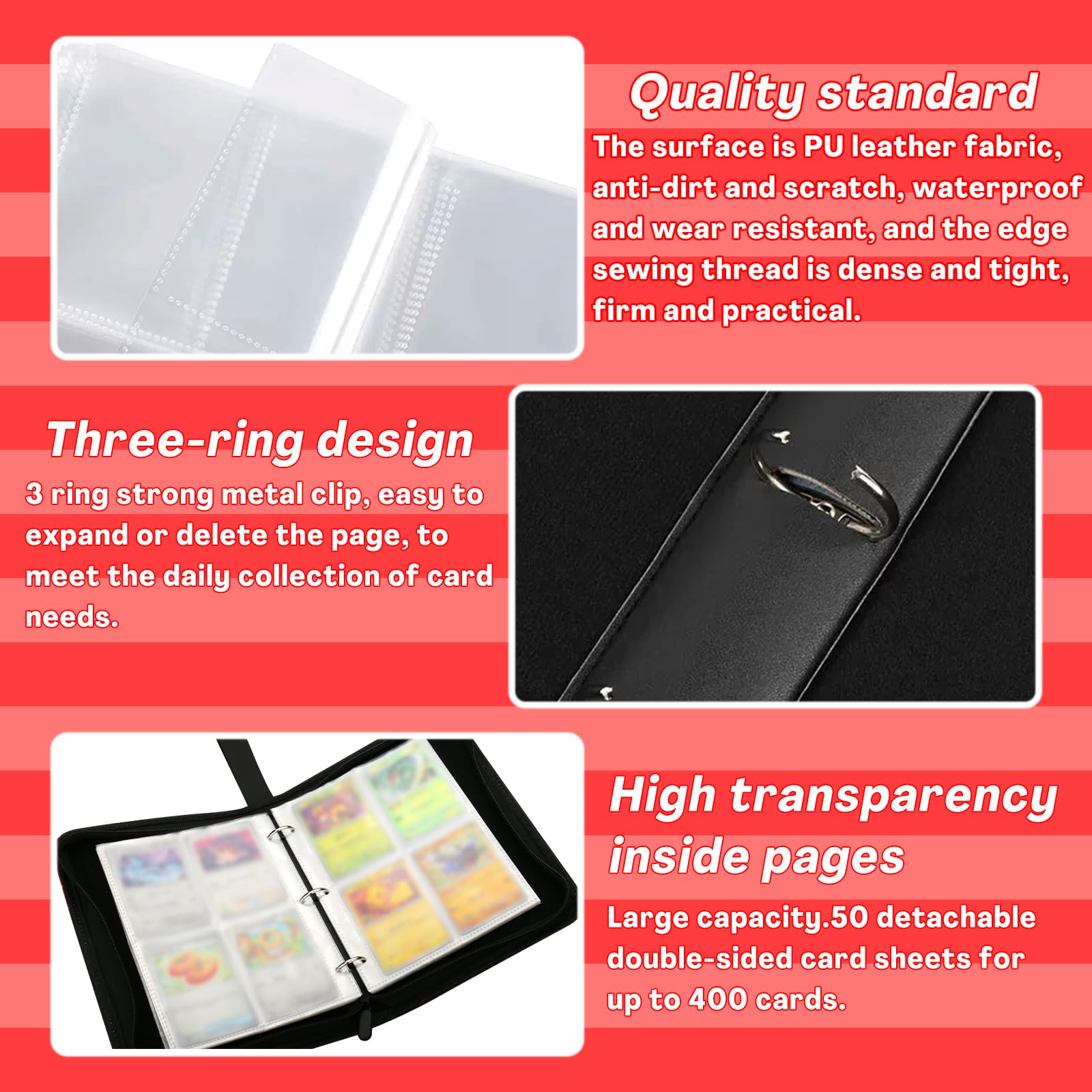 4-Pocket Card Binder Holds 400 Cards - 50 Page Trading Card Album with Zipper | Portable Sports & Game Card Organizer | Perfect for Collectors, TCG Players & Gift Giving (Red)