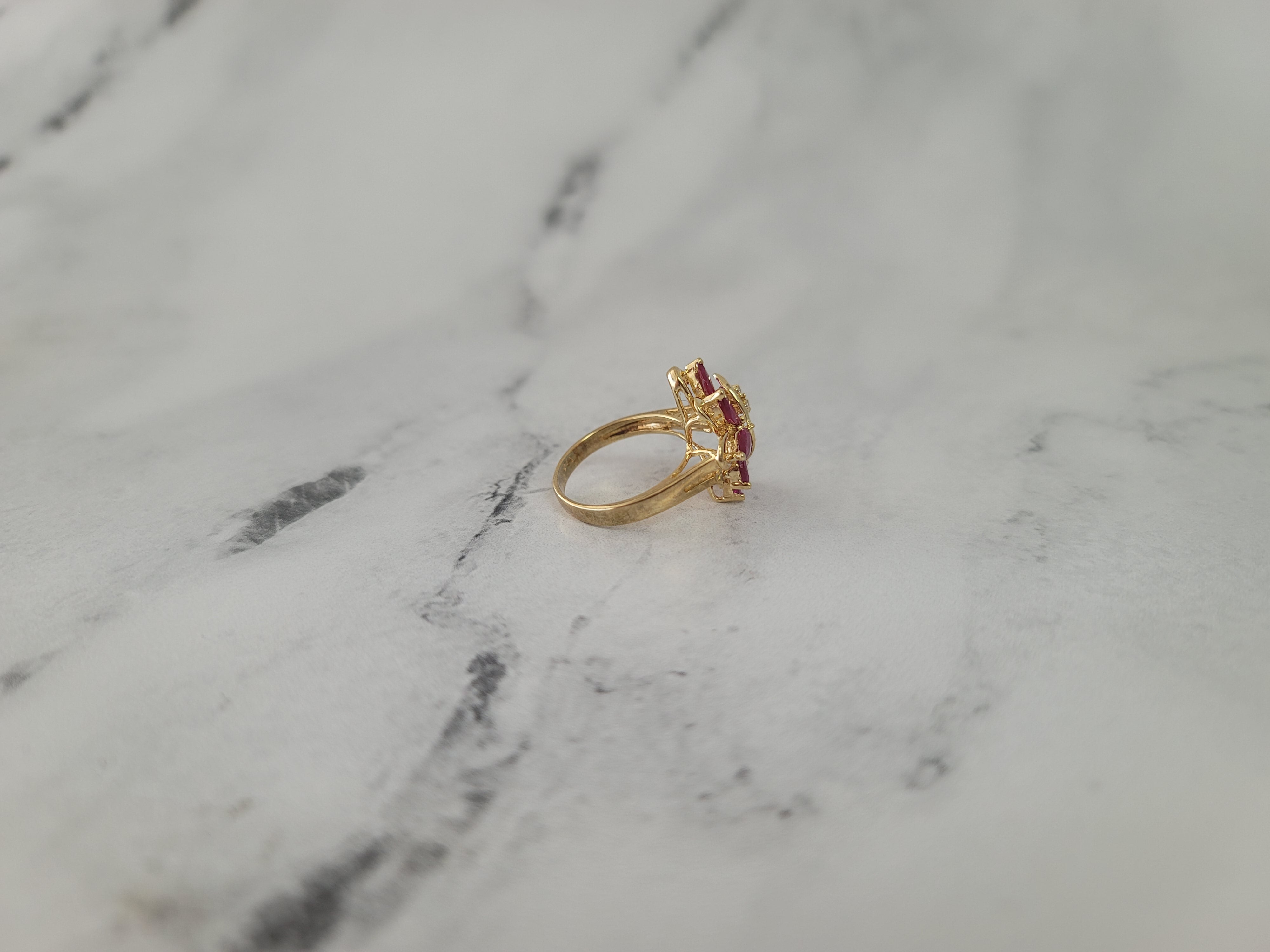 14k Yellow Gold Marquise Ruby Leaf Floral Cluster Ring - Elegant Vintage Jewelry for Weddings, Anniversaries & Special Occasions