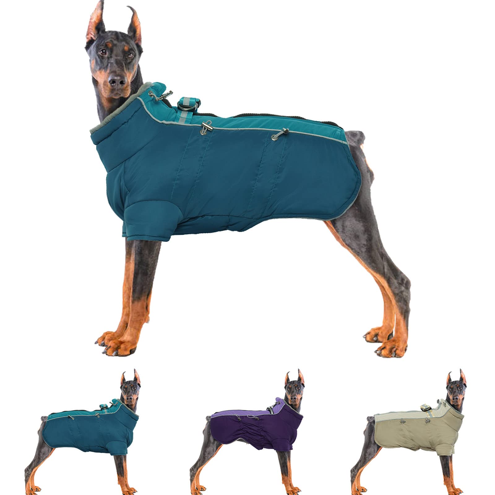 Waterproof Fleece Lined Dog Winter Coat with Harness - Warm Snowsuit Jacket Vest for Small Medium Large Dogs | High Collar Cold Weather Protection | Perfect for Winter Walks, Snow Play & Outdoor Adventures (Turquoise, 2XL)