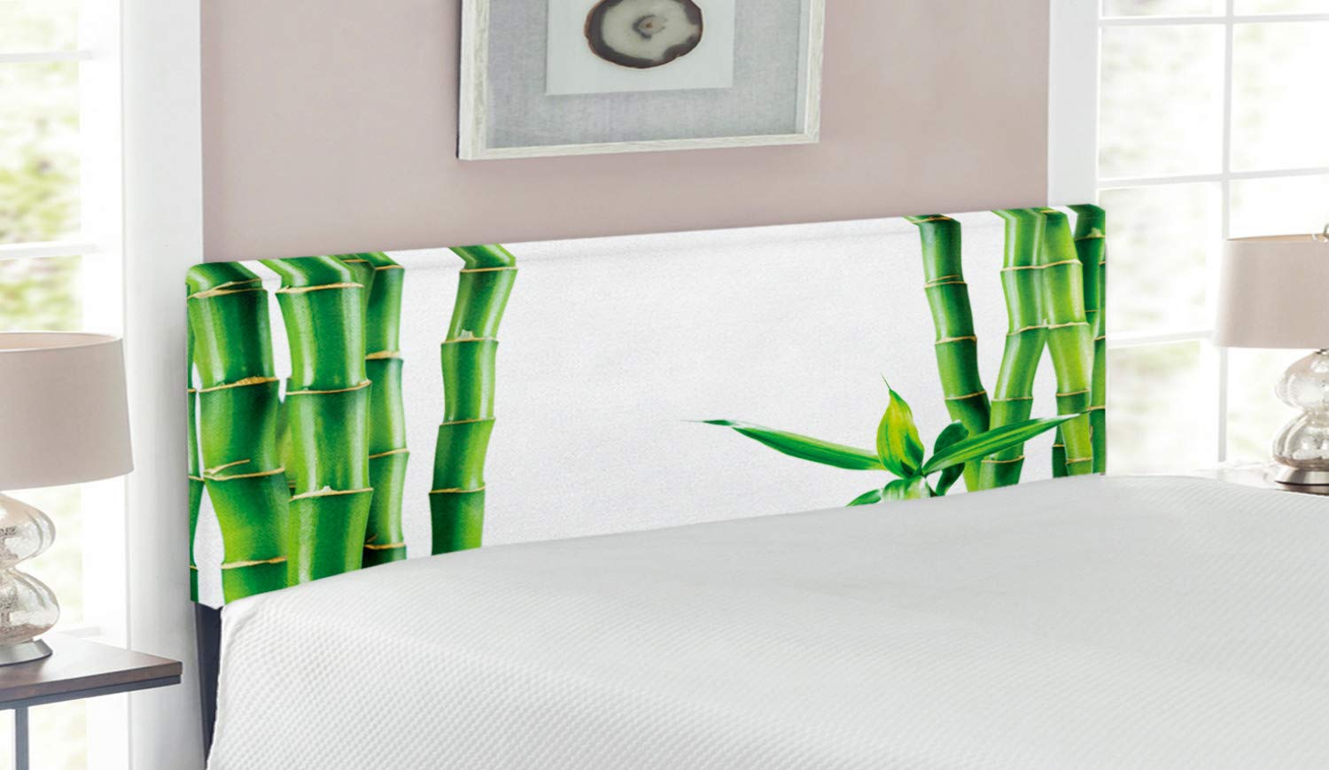 Ambesonne Asian Upholstered Headboard - Bamboo Branch Design, Fengshui Natural Decor, Queen Size Bed Headboard with Memory Foam in Fern Green & White | Perfect for Zen Bedroom, Tropical Theme, or Fengshui Home Decor