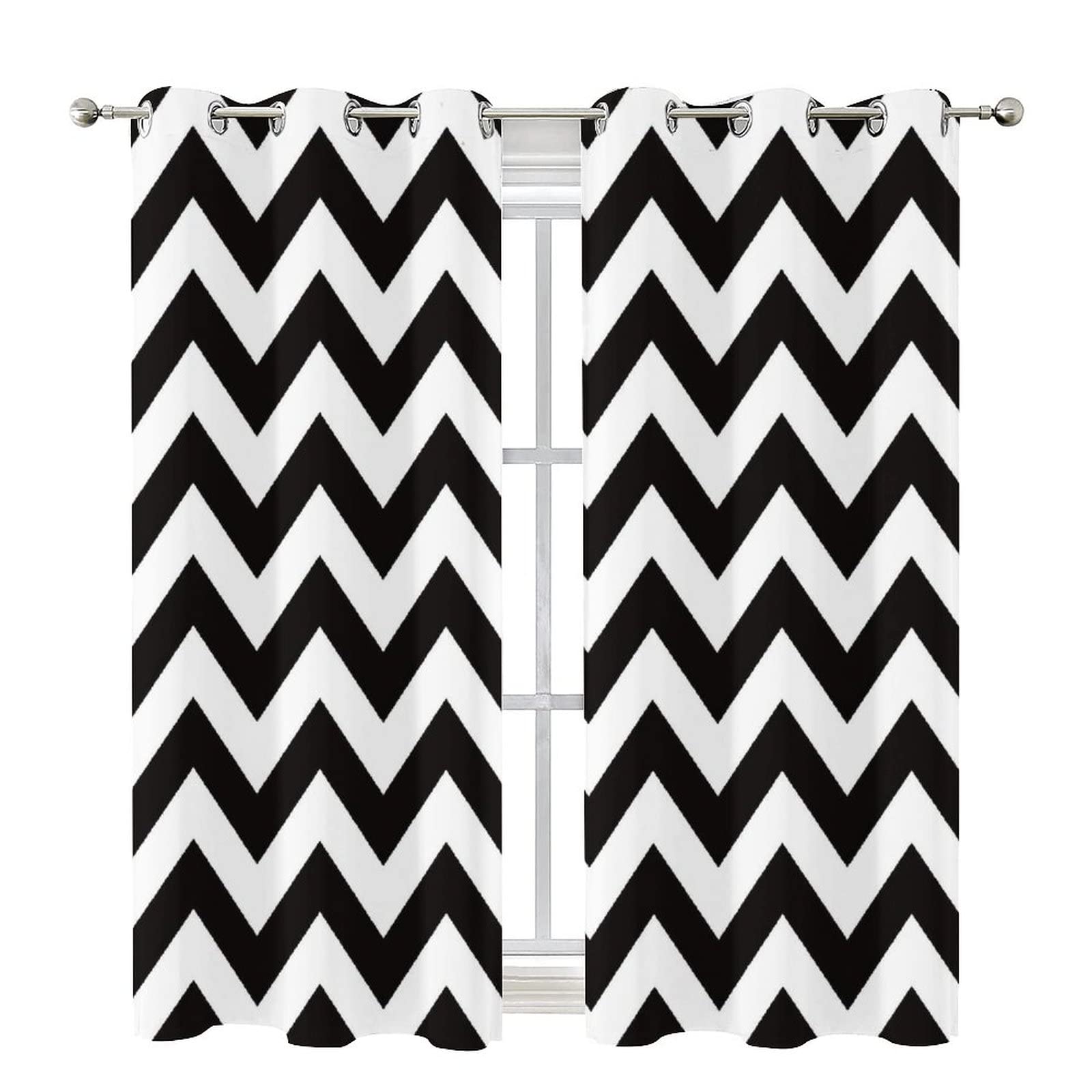 Black & White Chevron Blackout Curtains - Thermal Insulated Room Darkening Grommet Panels for Bedroom & Living Room (2 Panels, 63