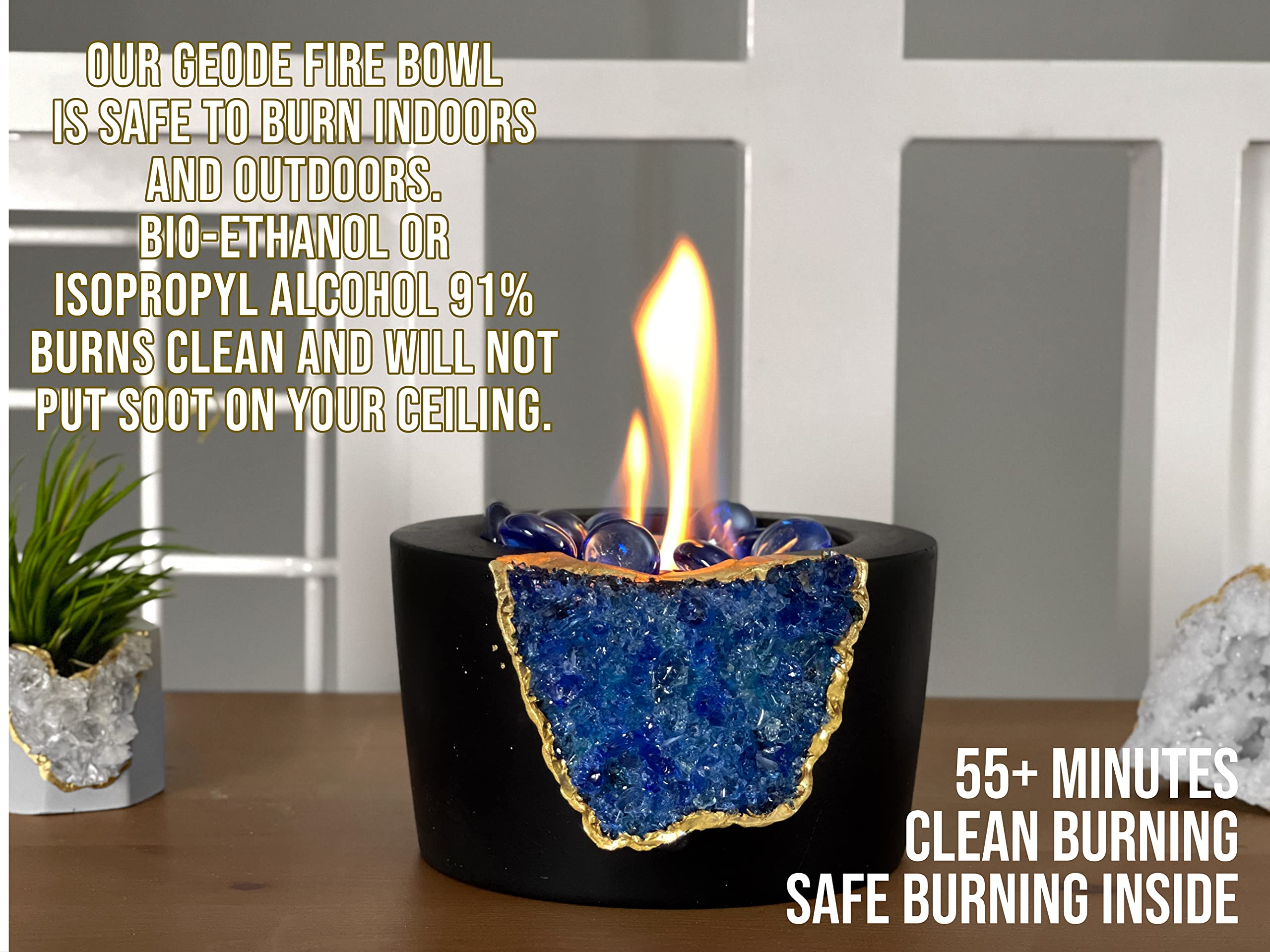 Portable Tabletop Fireplace - Indoor/Outdoor Bio Ethanol Fire Pit Bowl, Mini Concrete Chiminea for Meditation & Decor, Navy Blue & Black - Perfect for Patio, Living Room, and Backyard Ambiance