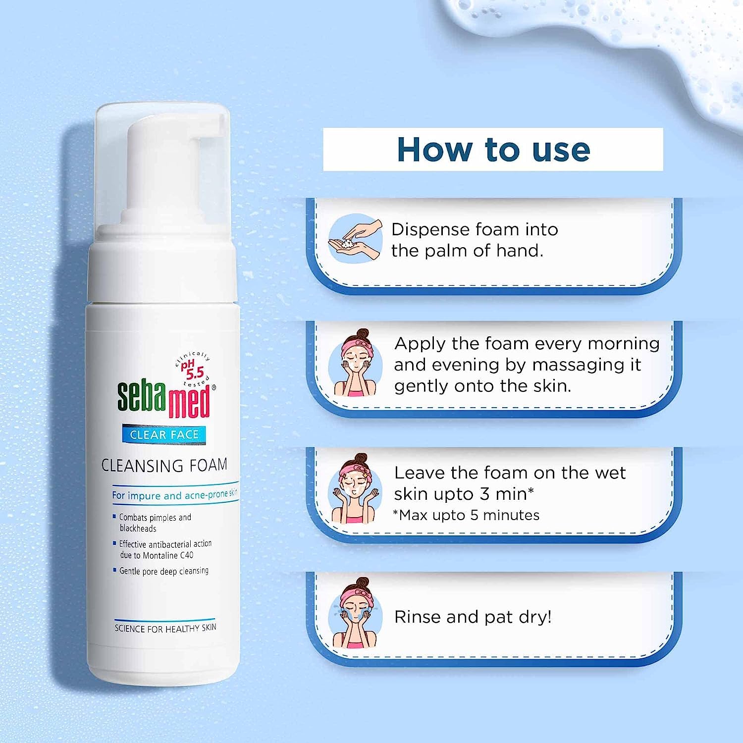 Minton Clear Face Foam 50ml | pH 5.5 Gentle Cleanser for Acne, Pimples & Blackheads | Montaline C40 Formula | Oil-Free Deep Pore Cleansing | Perfect for Daily Skincare Routine & Sensitive Skin