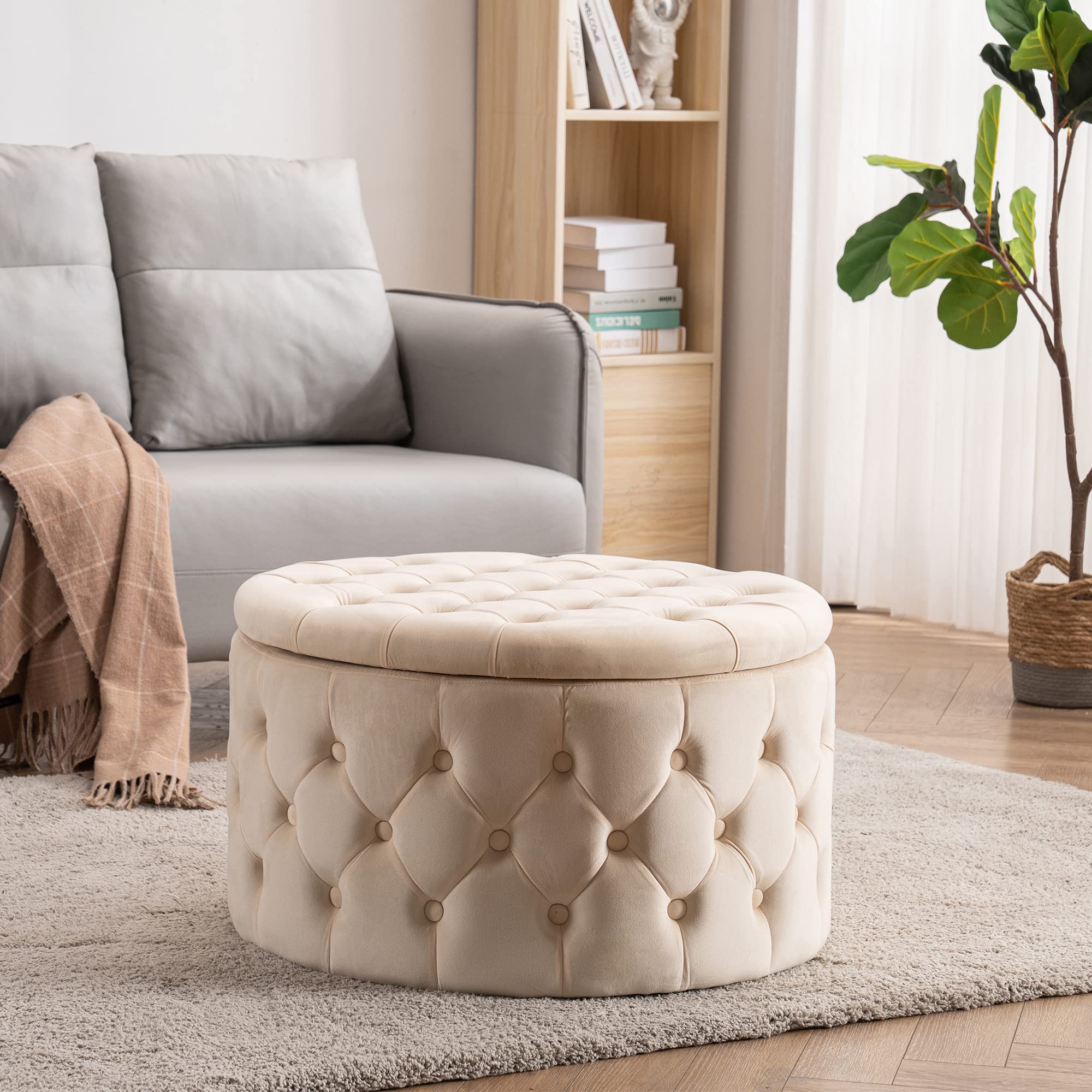 Velvet Tufted Storage Ottoman - Round Coffee Table for Living Room, Beige