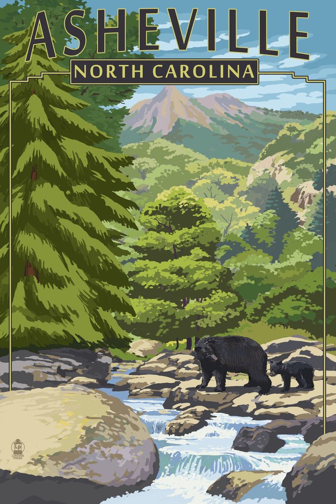 Signed 24x36 Asheville North Carolina Black Bears and Stream 54041 Art Print - Wall Decor Poster for Living Room, Office & Cabin Decor