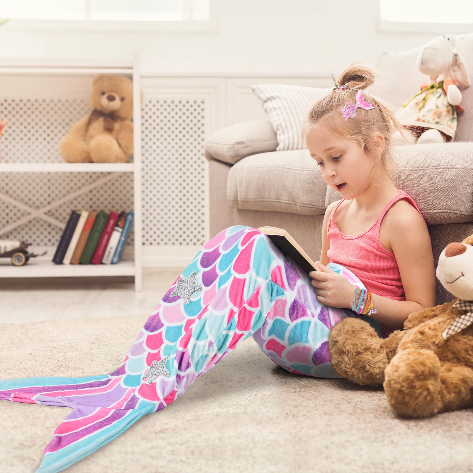 Mermaid Tail Blanket for Girls - Soft Flannel Wearable Blanket with Glitter Stars & Sequin Hairpin Bracelet, 55