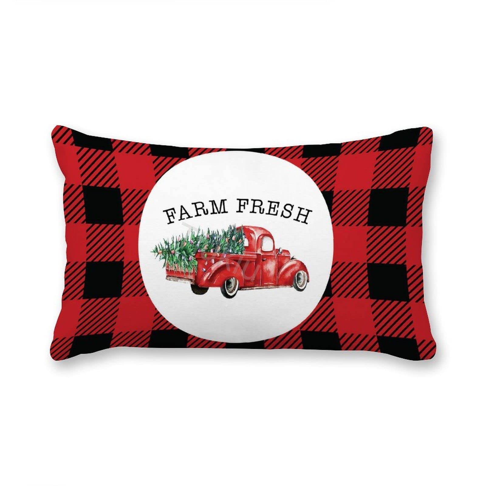 2 Pack Christmas Truck Buffalo Plaid Lumbar Pillow Covers - 16x26 Inch Decorative Canvas Throw Pillow Cases for Couch, Sofa, Bed & Living Room - Perfect for Holiday Home Decor & Seasonal Accents