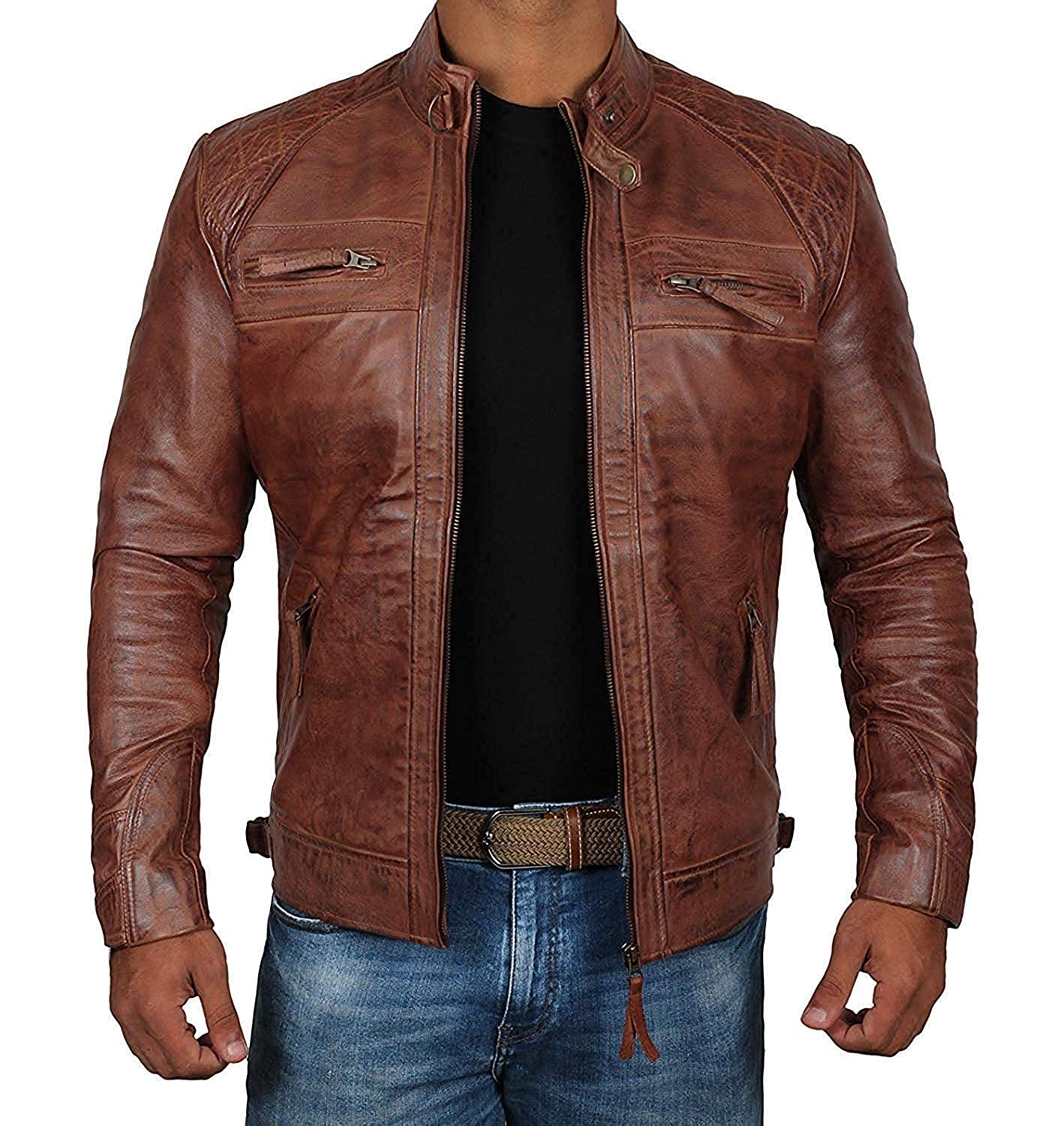 Decrum Genuine Leather Jacket for Men - Premium Black & Brown Motorcycle Biker Jacket | Stylish Outerwear for Riding, Casual Wear & Night Out