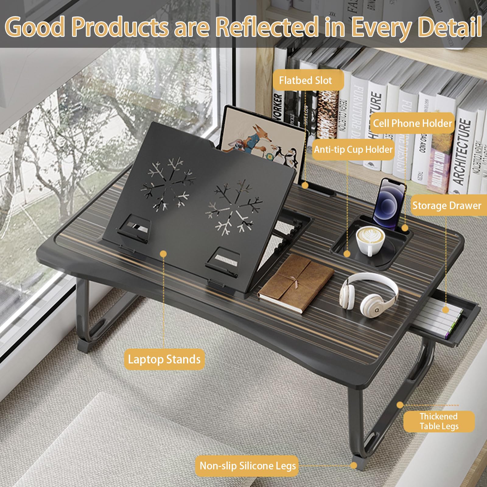 Adjustable Laptop Stand for Bed - 6 Angle Portable Lap Desk with Storage Drawer & Cup Holder - Lightweight Laptop Tray Table for Working, Eating, Writing & Reading in Bed - Perfect for Home Office, Dorm Room & Cozy Workspaces (Black)
