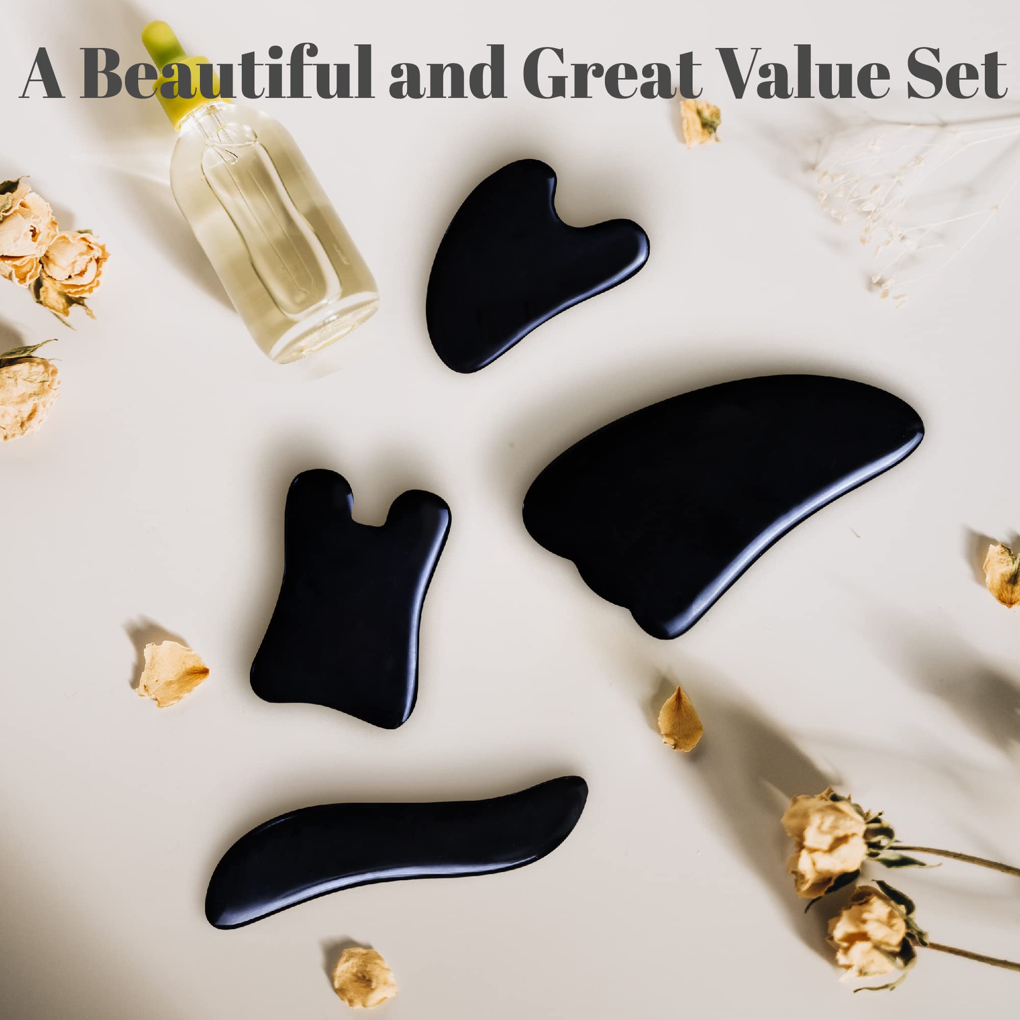 4-Piece Gua Sha Massage Set for Face & Body - Black Gua Sha Scraping Tools for SPA, Acupuncture Therapy & Trigger Point Relief - Professional Facial Massager for Skincare & Pain Relief - Perfect for Home Spa, Self-Care & Beauty Routines