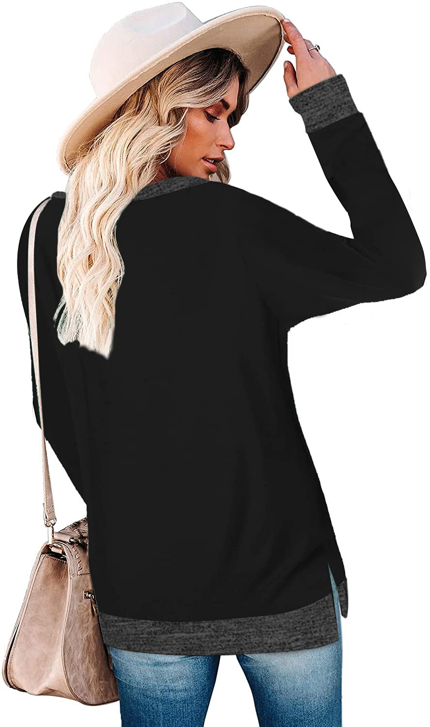 WELINCO Women's Color Block Crewneck Pullover Long Sleeve Tunic Top with Side Split - Casual Loungewear & Layering Essential for Fall/Winter Fashion