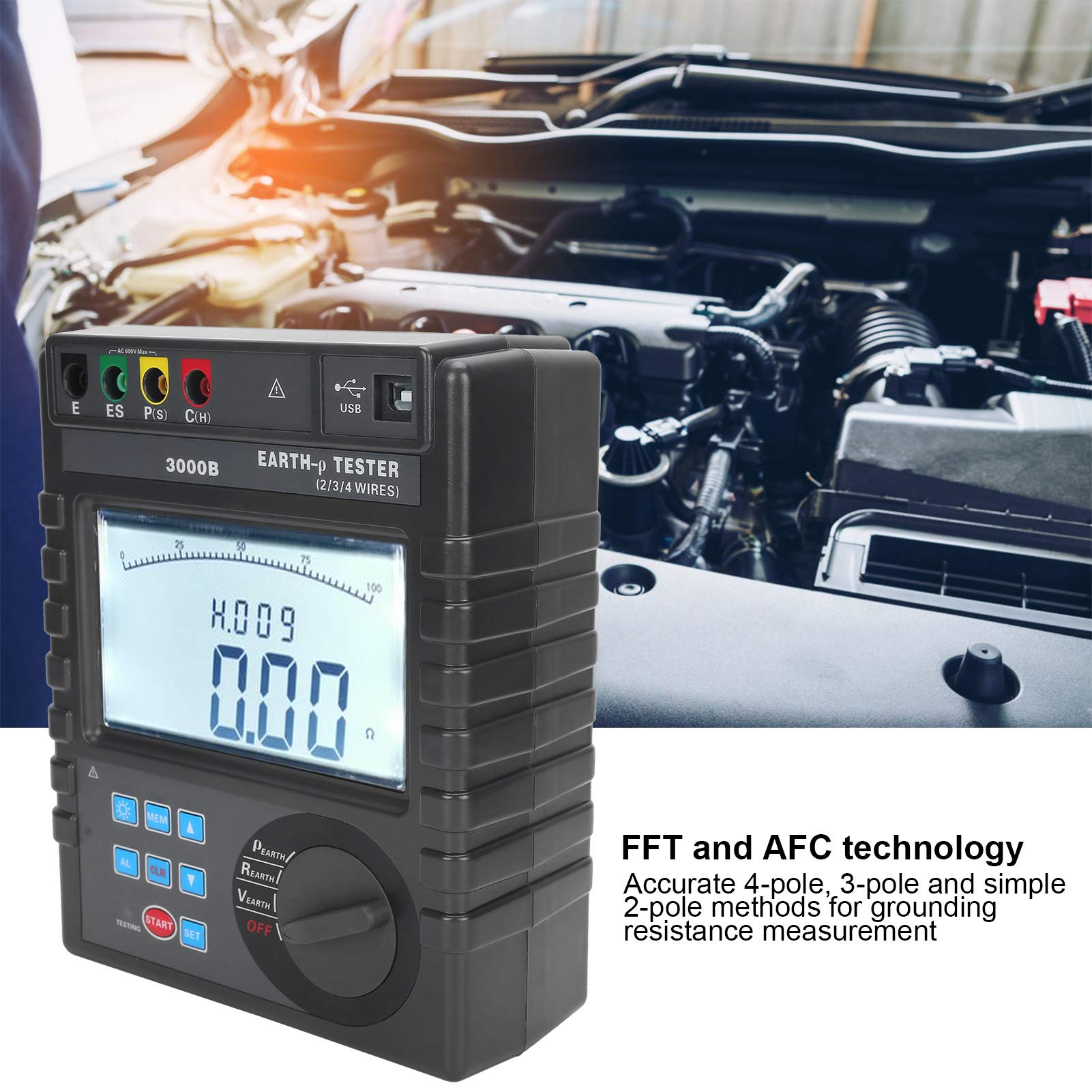0-9000kΩm Digital Soil Resistivity Meter - 2/3/4 Pole Earth Resistance Tester for Soil Resistivity, Ground Voltage & AC Voltage Measurement | Perfect for Electrical Engineering, Agriculture & Construction Site Testing