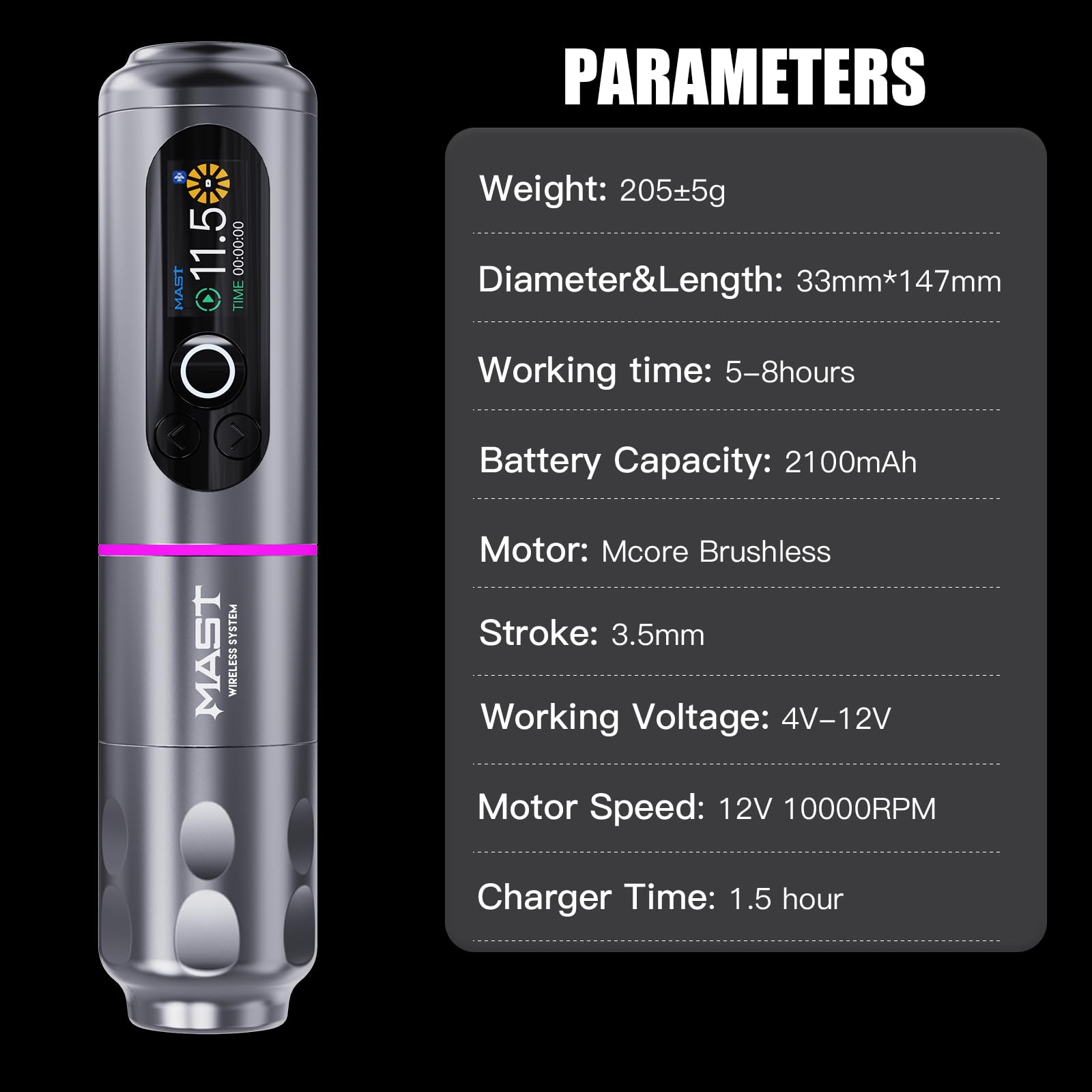 Professional Mast Archer2 Cordless Tattoo Machine - Brushless Motor, Seamless Frame, 2000mAh Long-Lasting Battery, 3.5mm Stroke Length (Grey) - Ideal for Tattoo Artists & Beginners, Perfect for Detailed Line Work & Shading