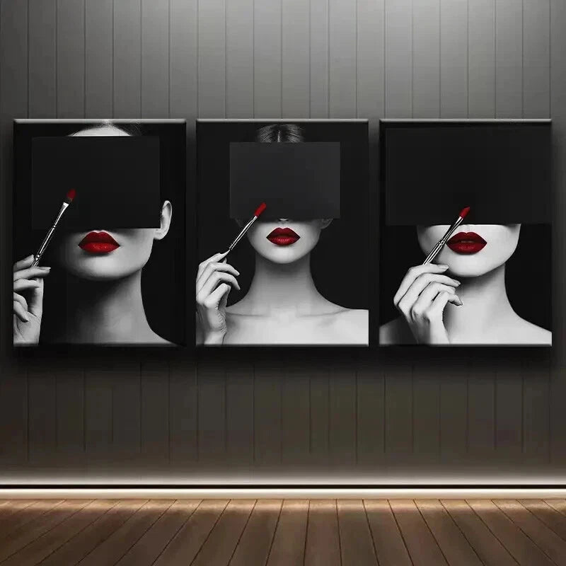 3-Piece Framed Canvas Wall Art Set - 'Woman in Red Lipstick' Darkness Perfect Print (60x90cm) | High-Quality Australian Made | Ready to Hang | Perfect for Living Room, Bedroom & Office Decor