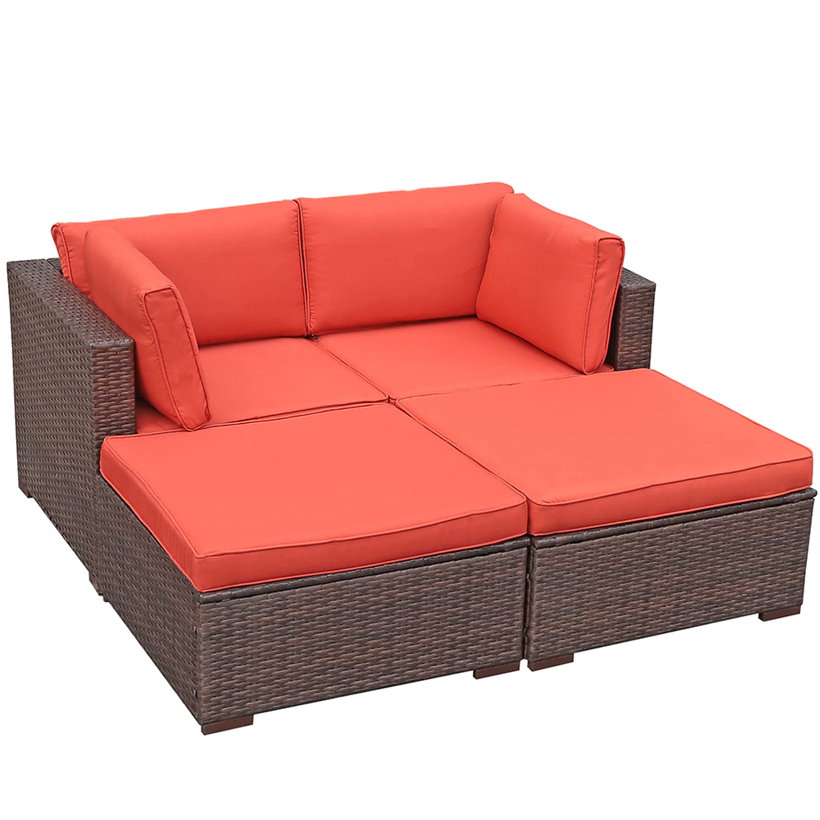 OC Orange-Casual 4-Piece Patio Furniture Set with Ottomans - All-Weather PE Rattan Wicker Outdoor Sectional Sofa - Brown Wicker with Orange Cushions - Perfect for Backyard, Garden, and Poolside Relaxation