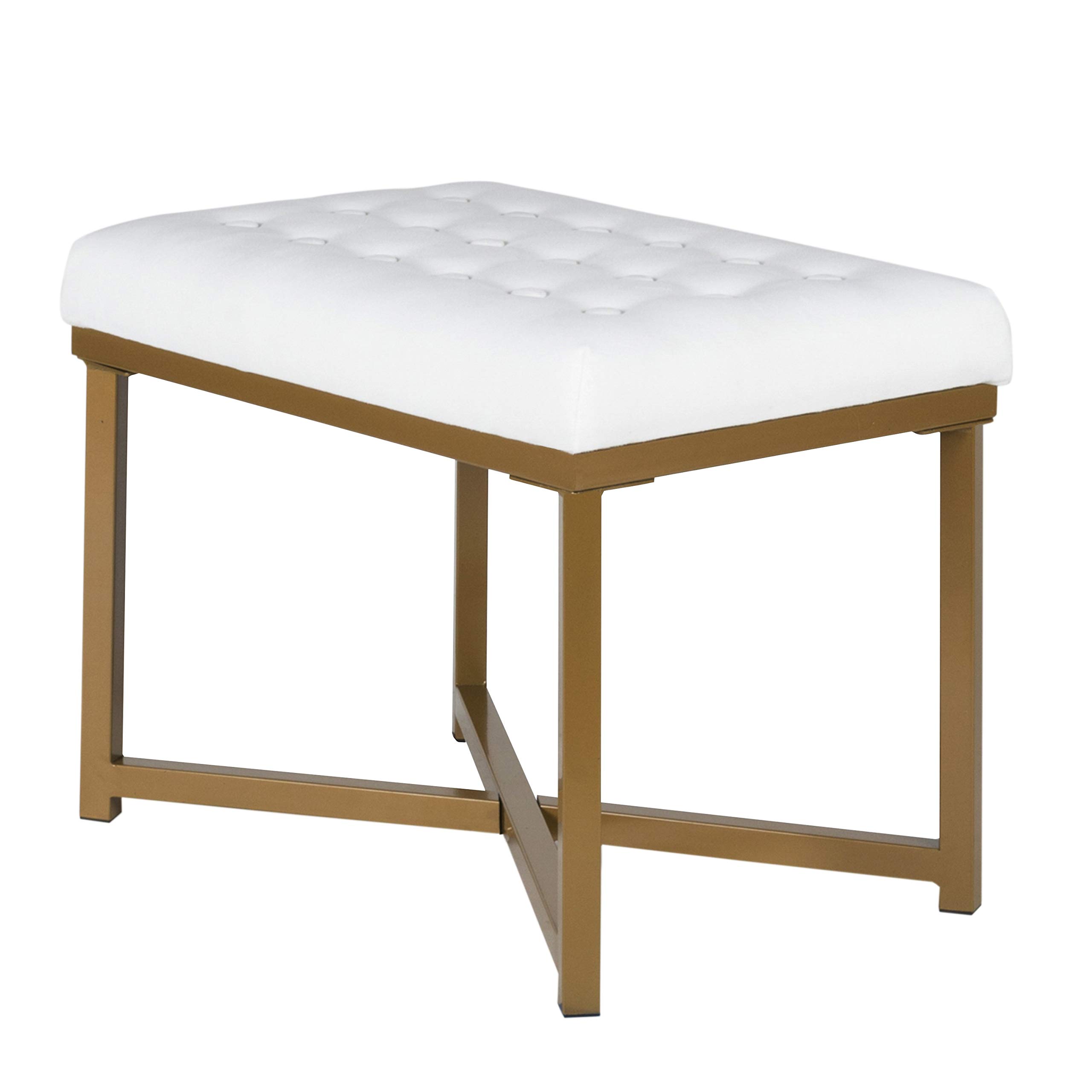Benjara White & Gold Metal Bench with Button Tufted Velvet Seat - Elegant Upholstered Entryway, Bedroom, or Living Room Furniture for Home Decor