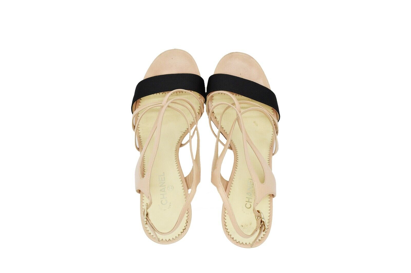 Chanel CC Logo Strappy Sandal Open Toe Heels - Satin Beige & Black - Women's Size US 8 (EU 39) - Perfect for Weddings, Parties & Evening Events