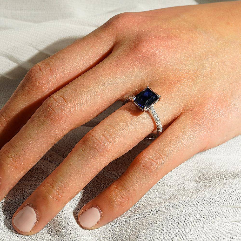 3 CT. Lab-Created Sapphire Engagement Ring with Side Stones & Hidden Halo - Perfect for Proposals, Anniversaries & Romantic Occasions