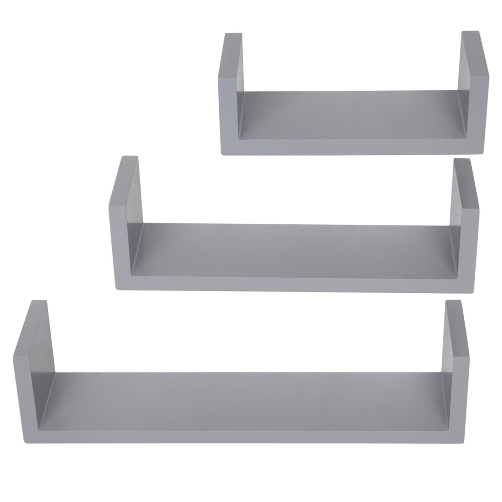 Trlec Set of 3 Floating Wall Shelves - Modern Ledge Bookshelf for Home Decor | Bedroom, Bathroom, Living Room & Office Storage | Space-Saving Gray Display Shelves for Books, Photos & Decor Items
