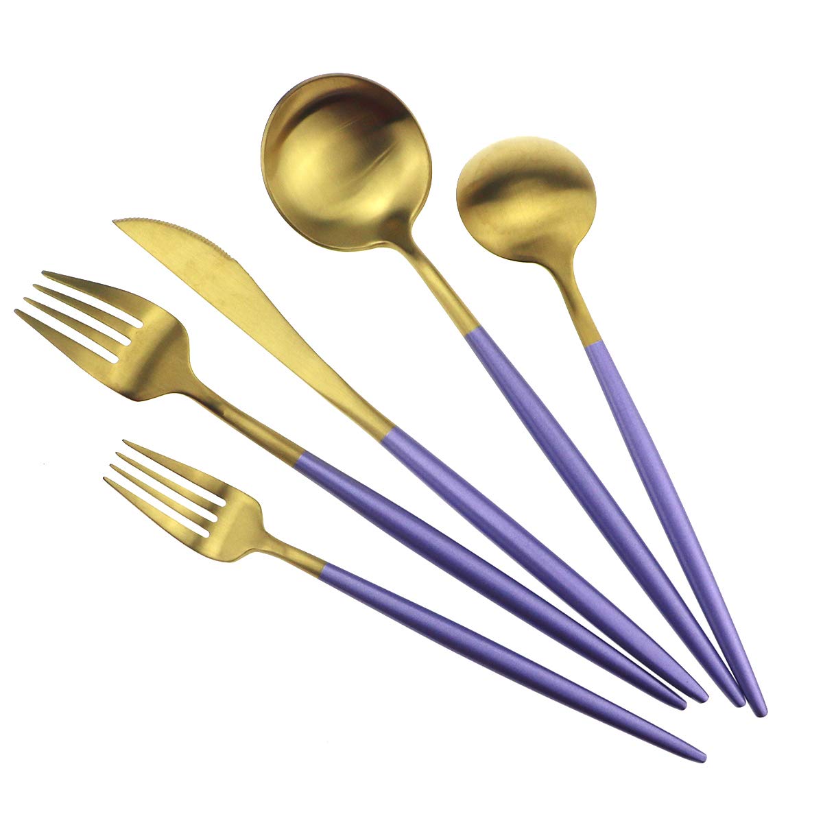 Gugrida 5-Piece Purple Gold Flatware Set - 18/10 Stainless Steel Cutlery with Matte Purple Handle (Fork, Spoon, Knife) - Elegant Dinnerware for Home, Camping & Travel - Durable Silverware for Everyday Use & Outdoor Adventures