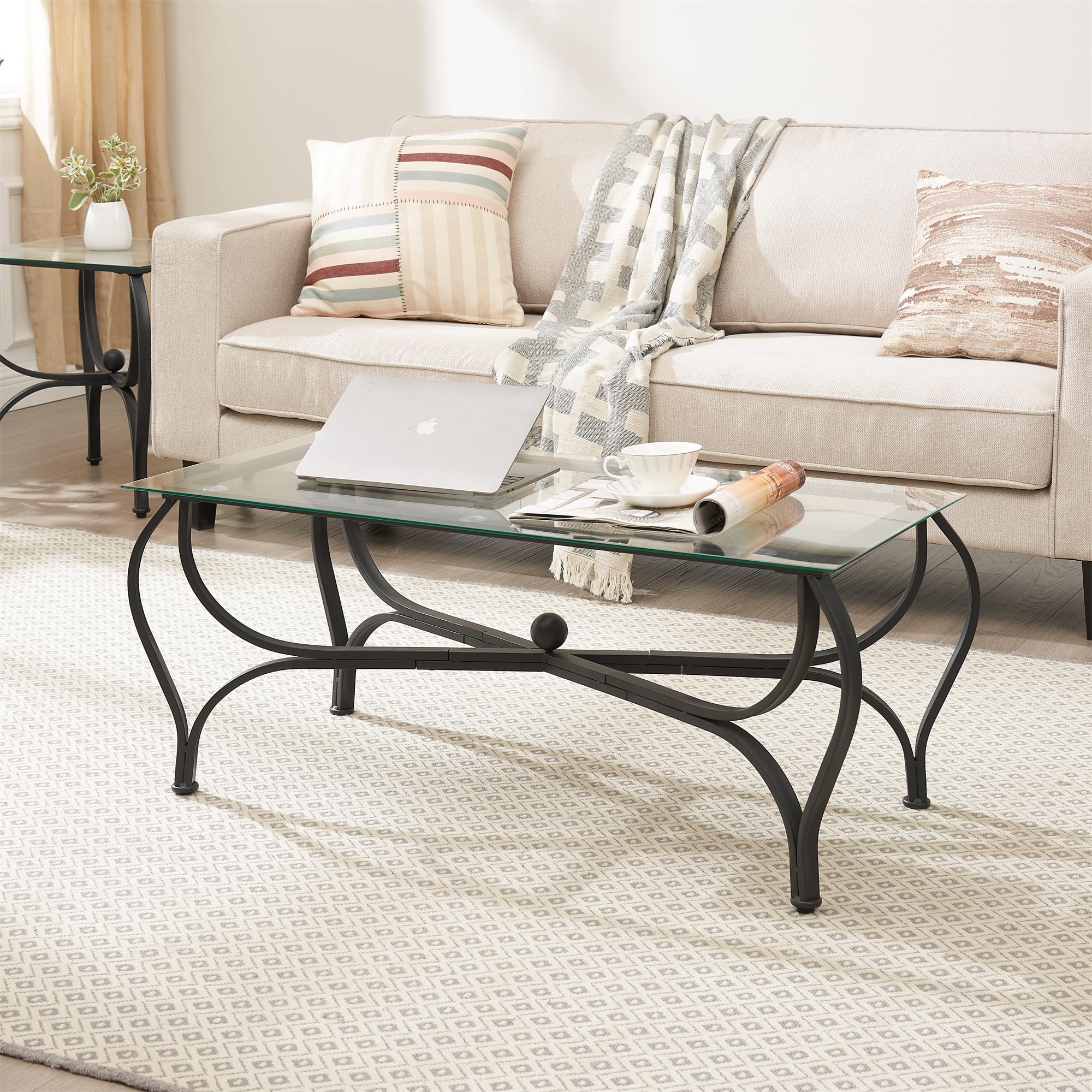 3-Piece Tempered Glass Coffee Table Set with Industrial Metal Frame - Modern Rectangle Coffee Table & 2 End Tables for Living Room, Home Office, Apartment | Perfect for Small Spaces, Entertaining & Contemporary Decor