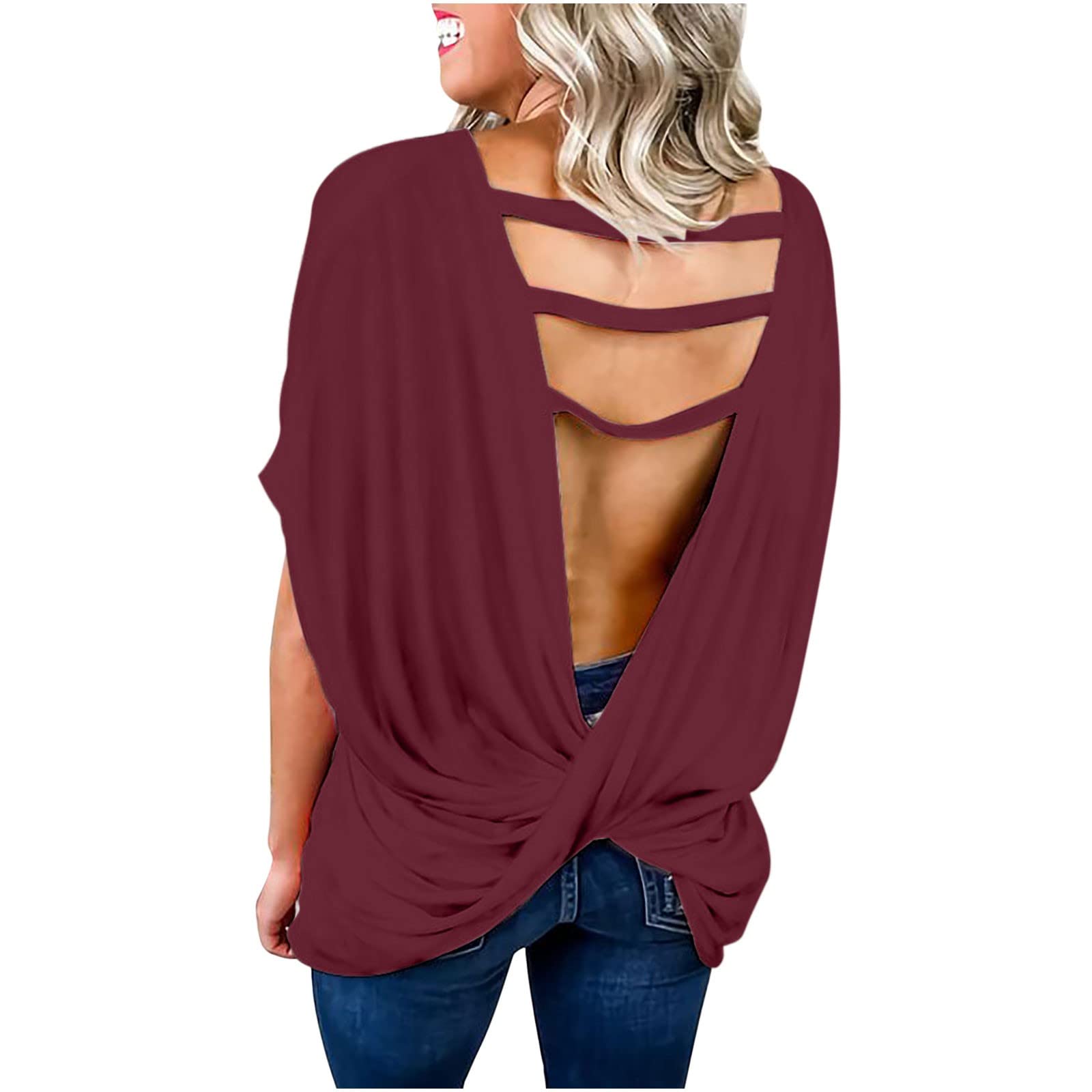 Women's Casual Loose Back Twist Backless Tunic T-Shirt - Trendy Going Out Tops for Teen Girls & Ladies - Perfect for Parties, Dates, and Summer Outfits