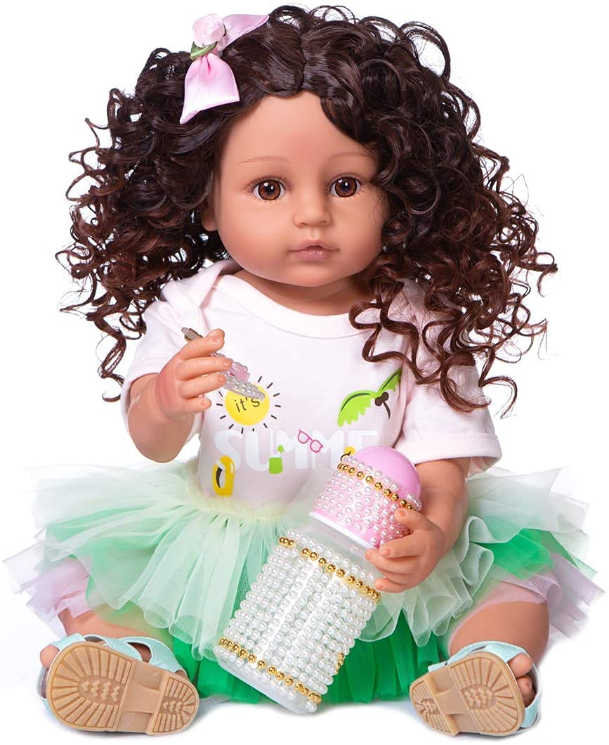 Realistic Reborn Baby Doll - Lifelike Full Silicone Body Toddler Doll with Curly Hair (Green Dress) - Perfect for Collectors, Gift Giving & Therapy Use