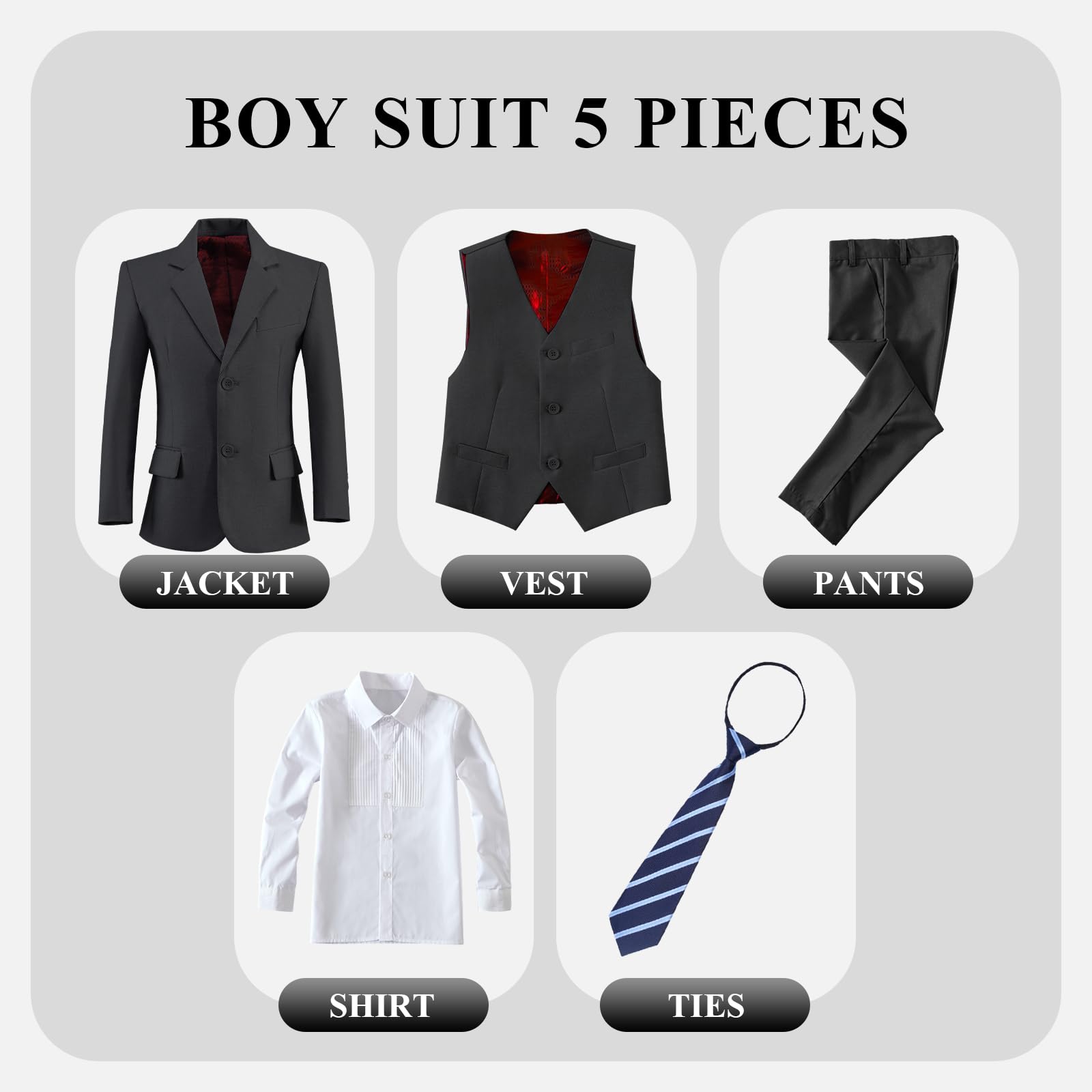 Rescay Boys' Slim Fit 5-Piece Formal Suit Set | Wedding Ring Bearer Suit | Kids Tuxedo for Special Occasions | Perfect for Weddings, Parties & Formal Events