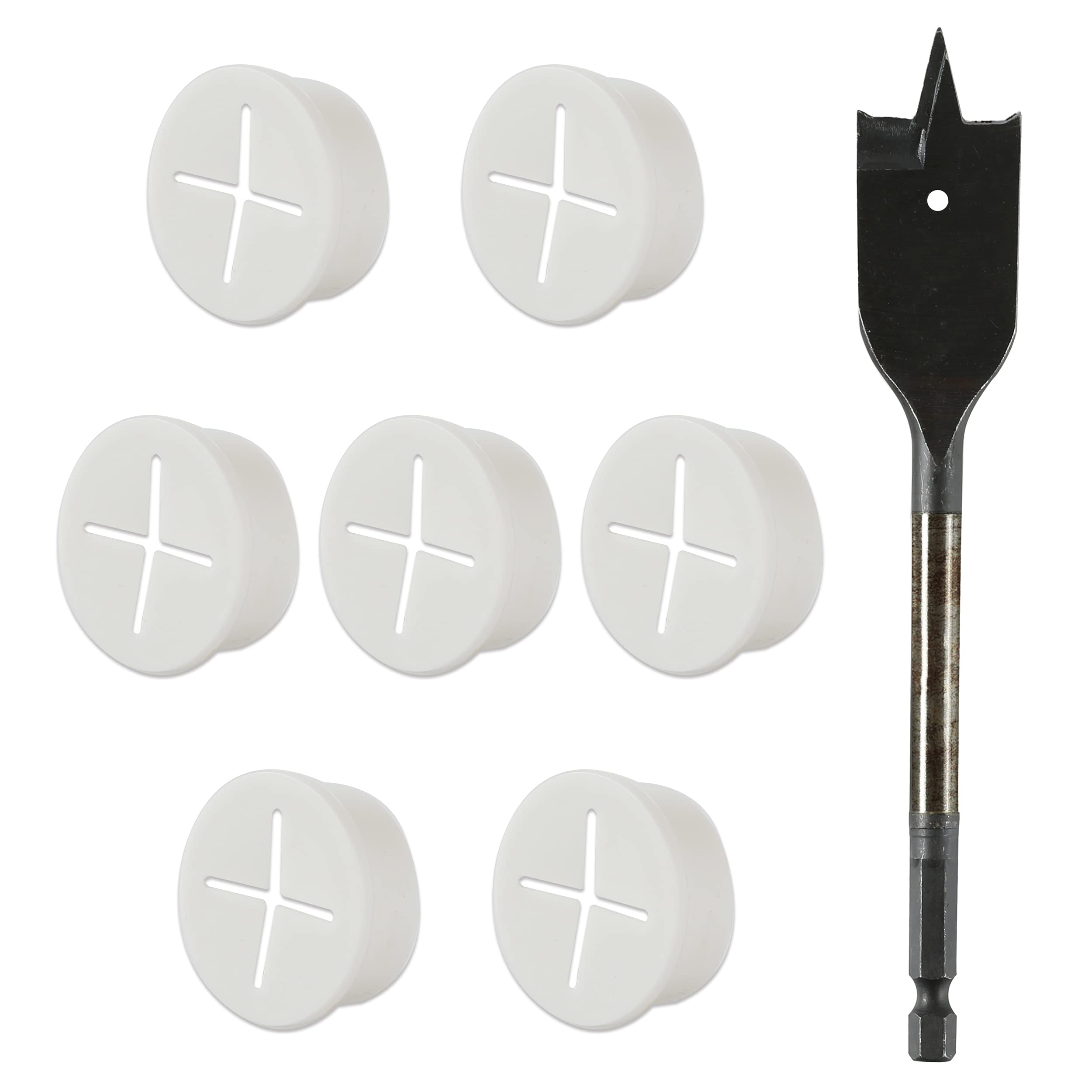 8 Pack 3/4 Inch White Silicone Desk Cord Grommet with Spade Drill Bit - Flexible Wire Cable Hole Cover for Office PC Desk Organization - Perfect for Home Office, Gaming Setup & Workspace Cable Management