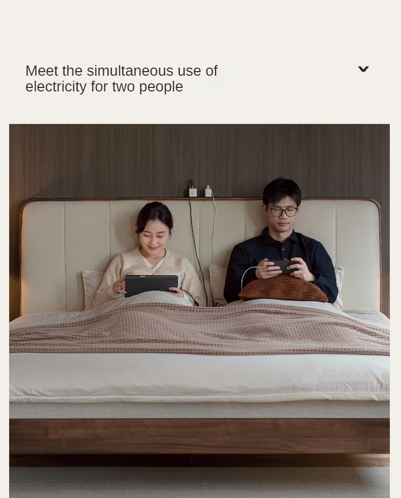 Premium Black Walnut Solid Wood Bed with Genuine Leather Upholstery - USB Charging Ports Included - Perfect for Master Bedrooms & Guest Rooms