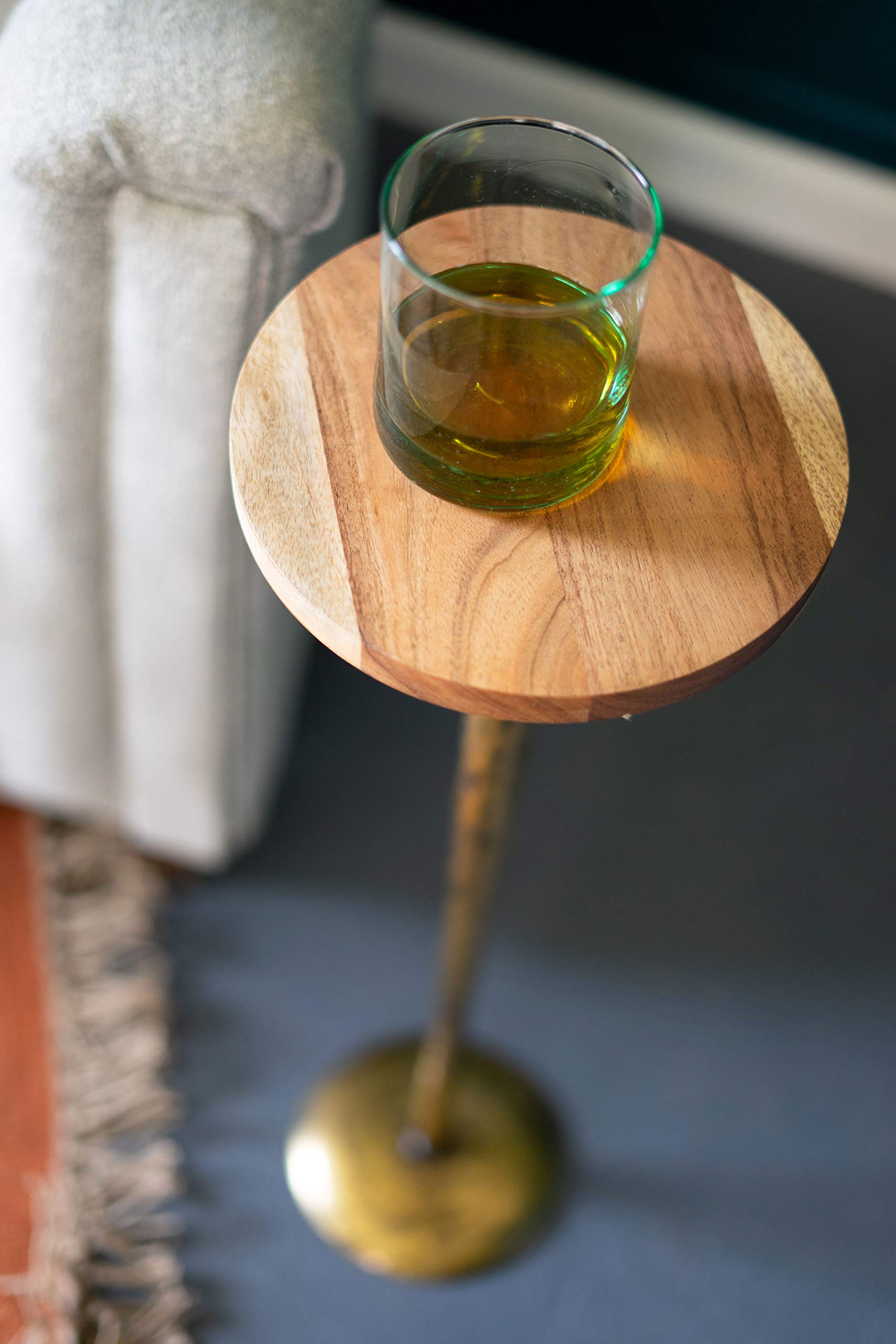 Vintage Brass Metal Accent Table with Modern Wood Top - Slim Drink Stand Cocktail Table for Living Room, Bedroom & Patio | MY SWANKY HOME