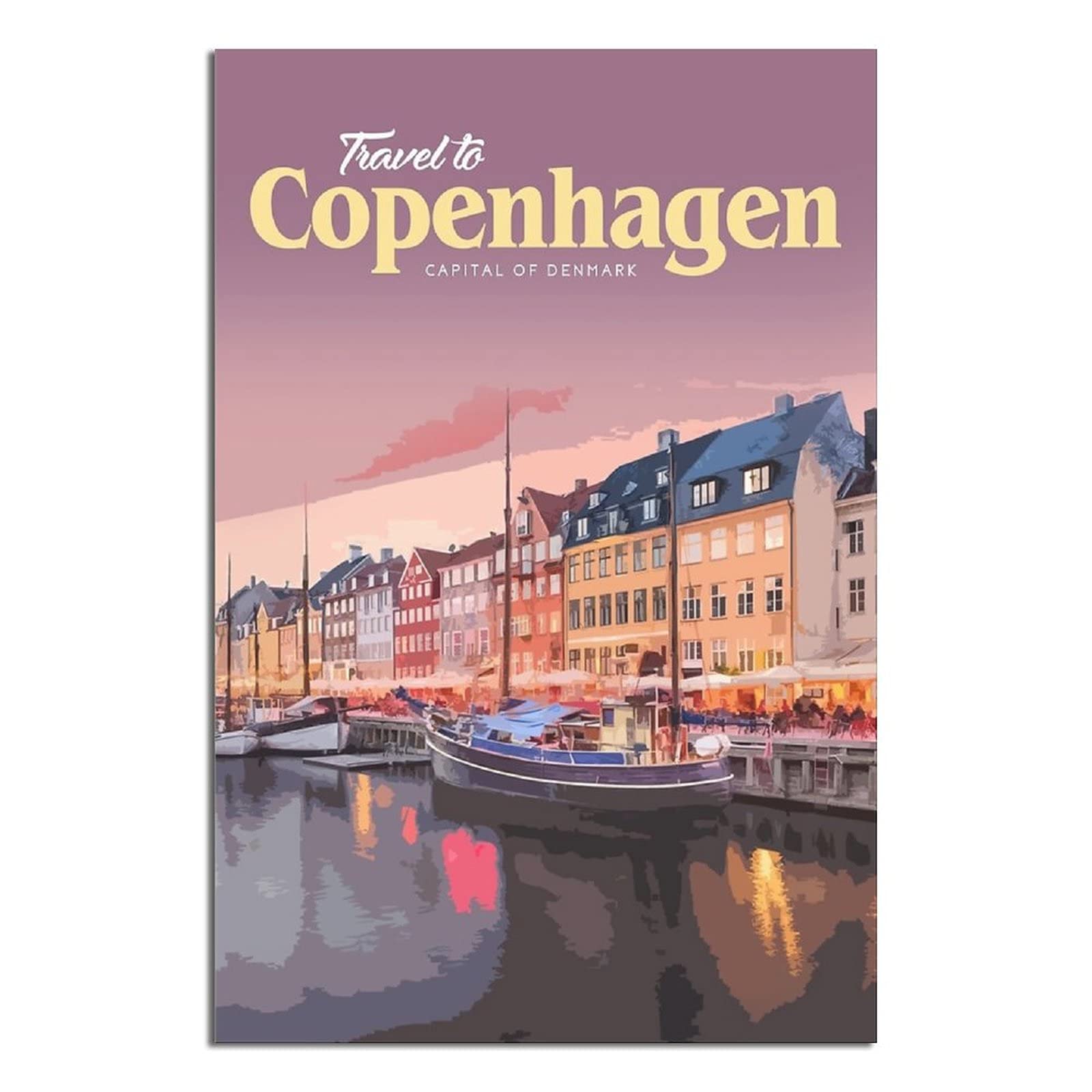 ANAQUT Vintage Copenhagen Denmark Nyhavn Travel Poster - Night Canvas Wall Art Painting for Living Room, Bedroom & Office Decor - Perfect Birthday Gift for Travel Lovers & Home Decor Enthusiasts