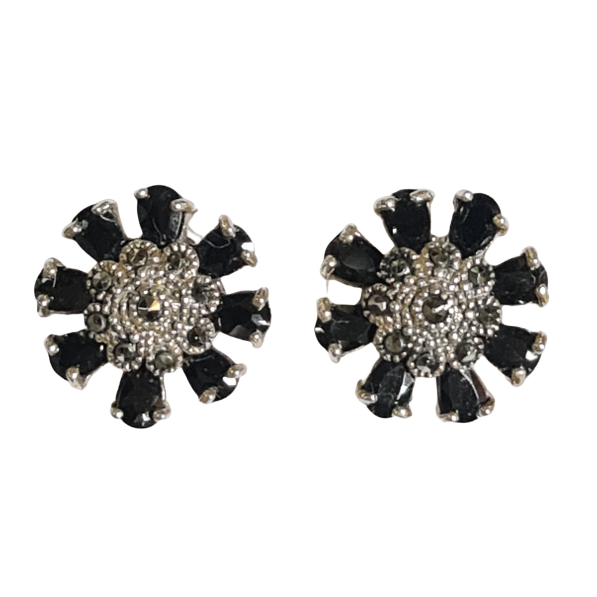 Vintage Style 925 Sterling Silver Black Spinel Marcasite Flower Stud Earrings for Women - Elegant Jewelry Gift for Birthday, Anniversary & Special Occasions