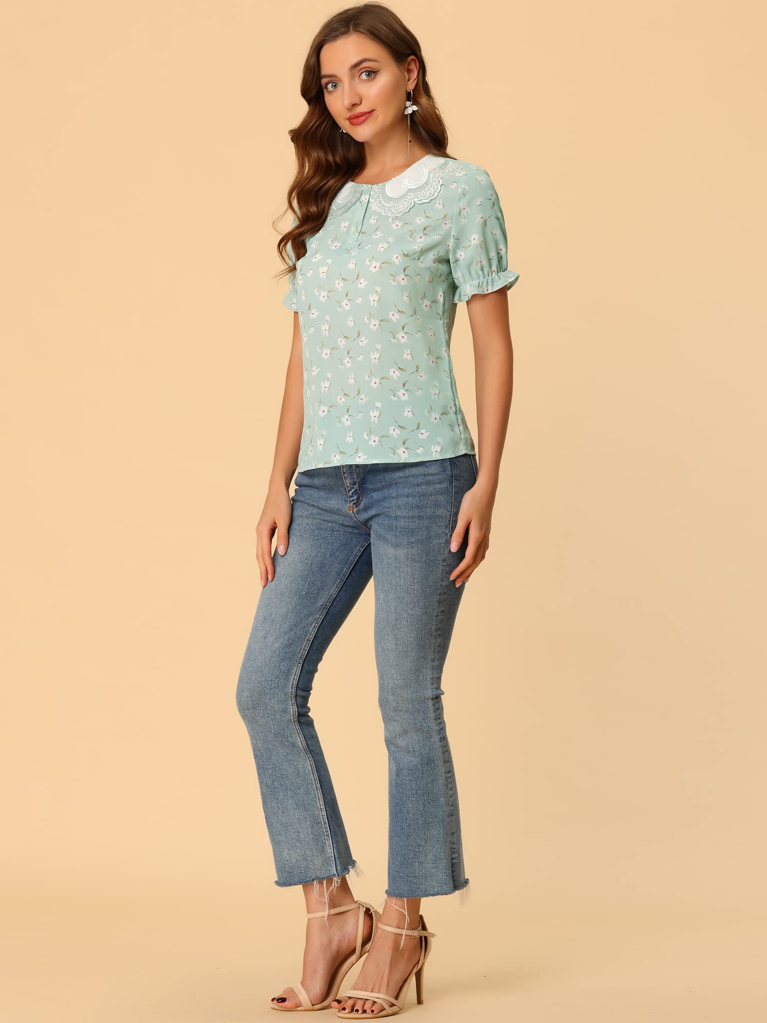 Allegra K Women's Floral Ruffled Short Sleeve Peter Pan Collar Blouse - Elegant Casual Top for Work, Date Night & Spring Outfits