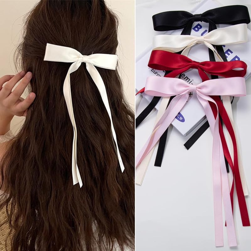 FAMEZA 4 PCS Long Tail Ribbon Hair Clips with Bowknot - Women's Fashion Hair Accessories for Ponytails, Braids & Updos (Multicolor)