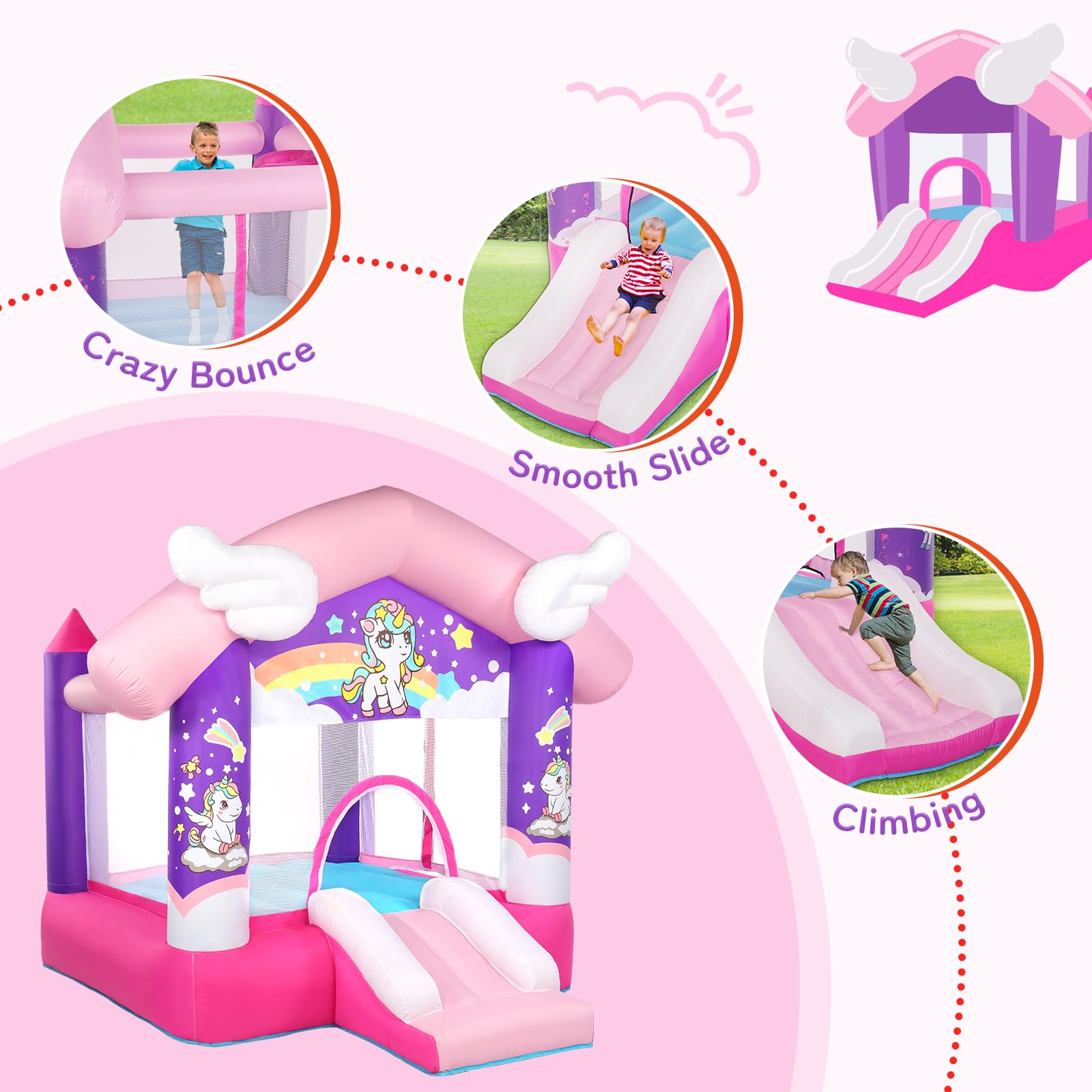 JOYMOR Unicorn Princess Inflatable Bounce House with Slide - Pink Kids Bouncy Castle for Indoor & Outdoor Play (Ages 3-6) | Birthday Parties, Backyard Fun, Summer Activities (Blower Included)