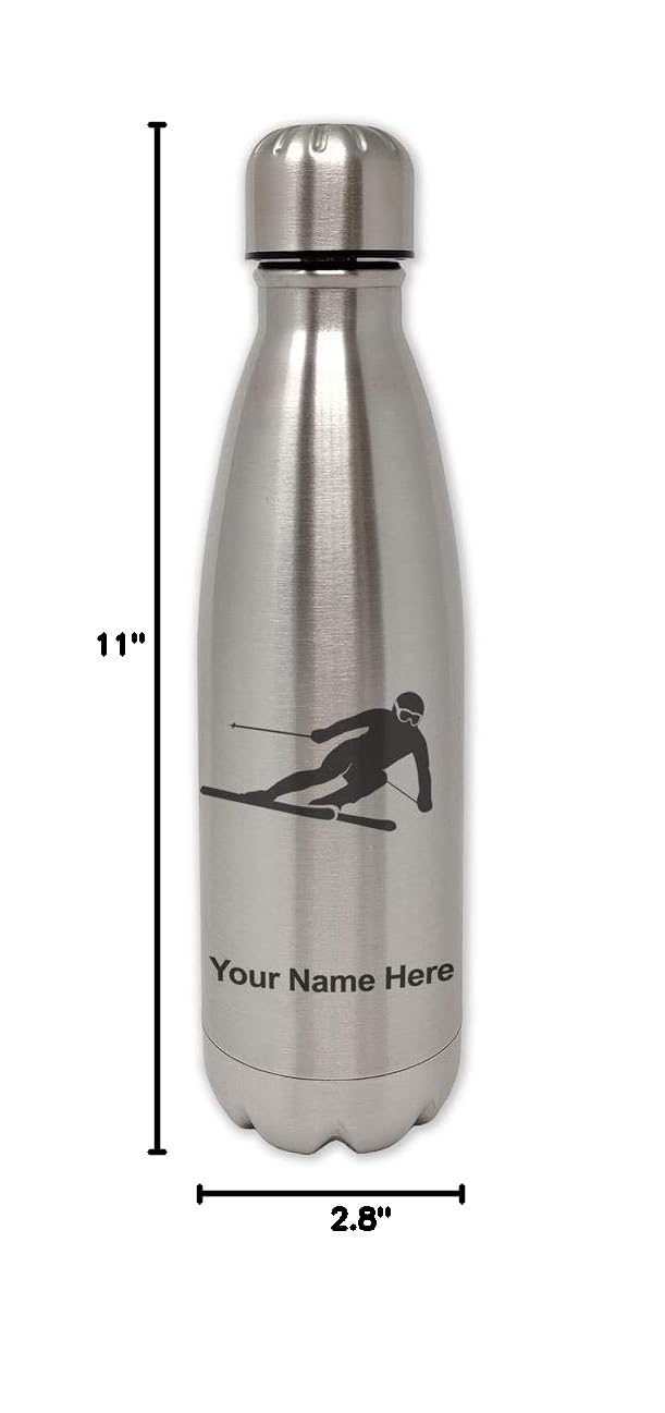 LaserGram Stainless Steel Water Bottle - Personalized Engraved Single Wall Design with Skier Downhill Motif | Perfect for Hiking, Skiing & Outdoor Adventures